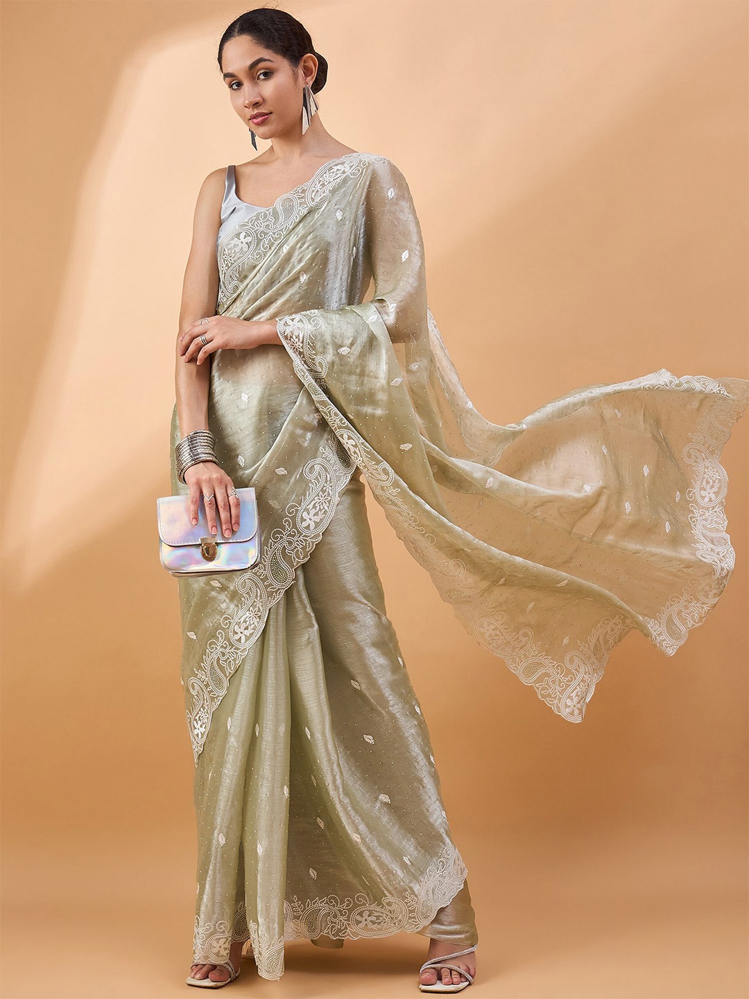 

all about you Embroidered Embellished Beads and Stones Saree, Green