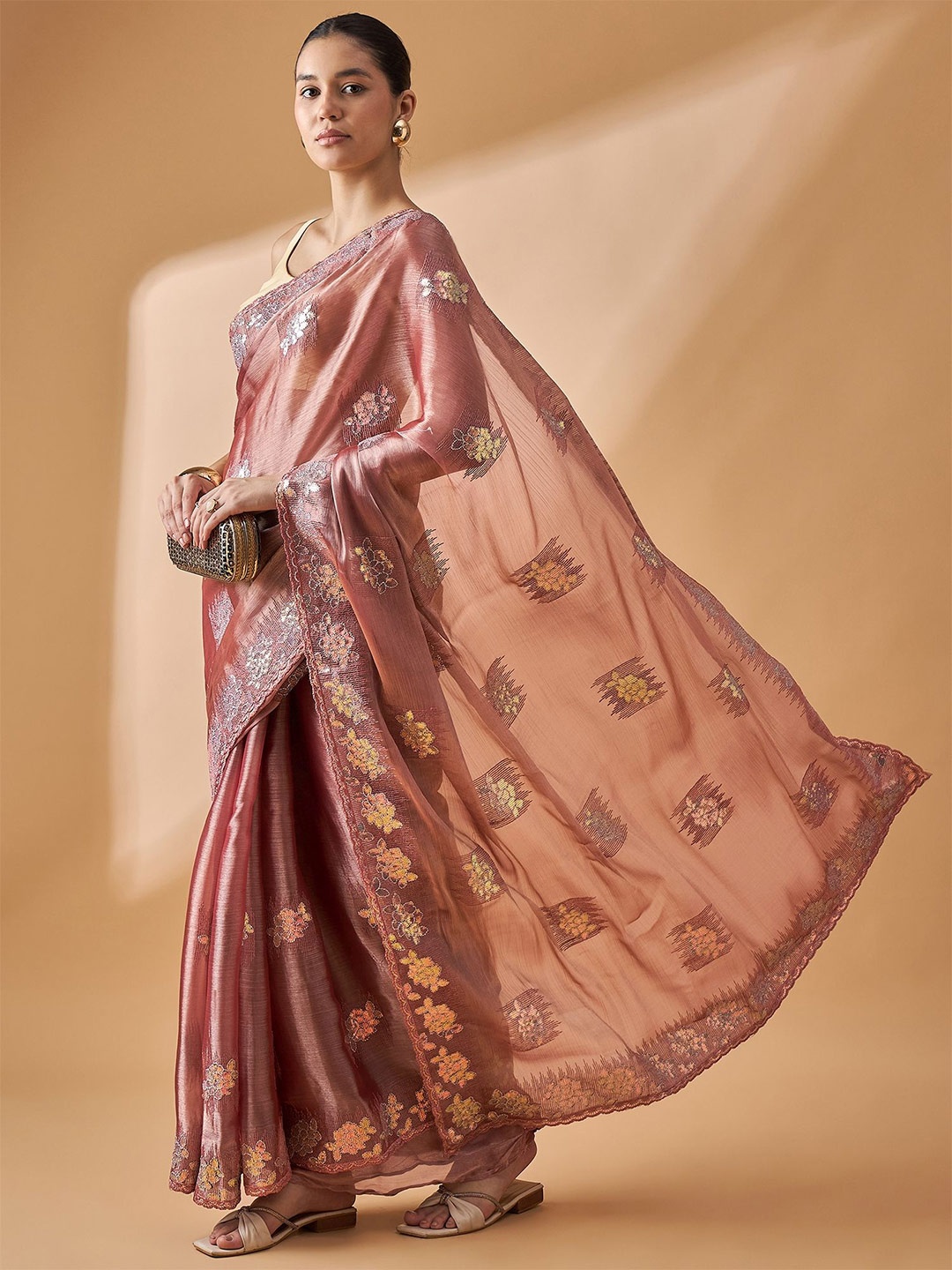 

all about you Floral Sequinned Saree, Brown