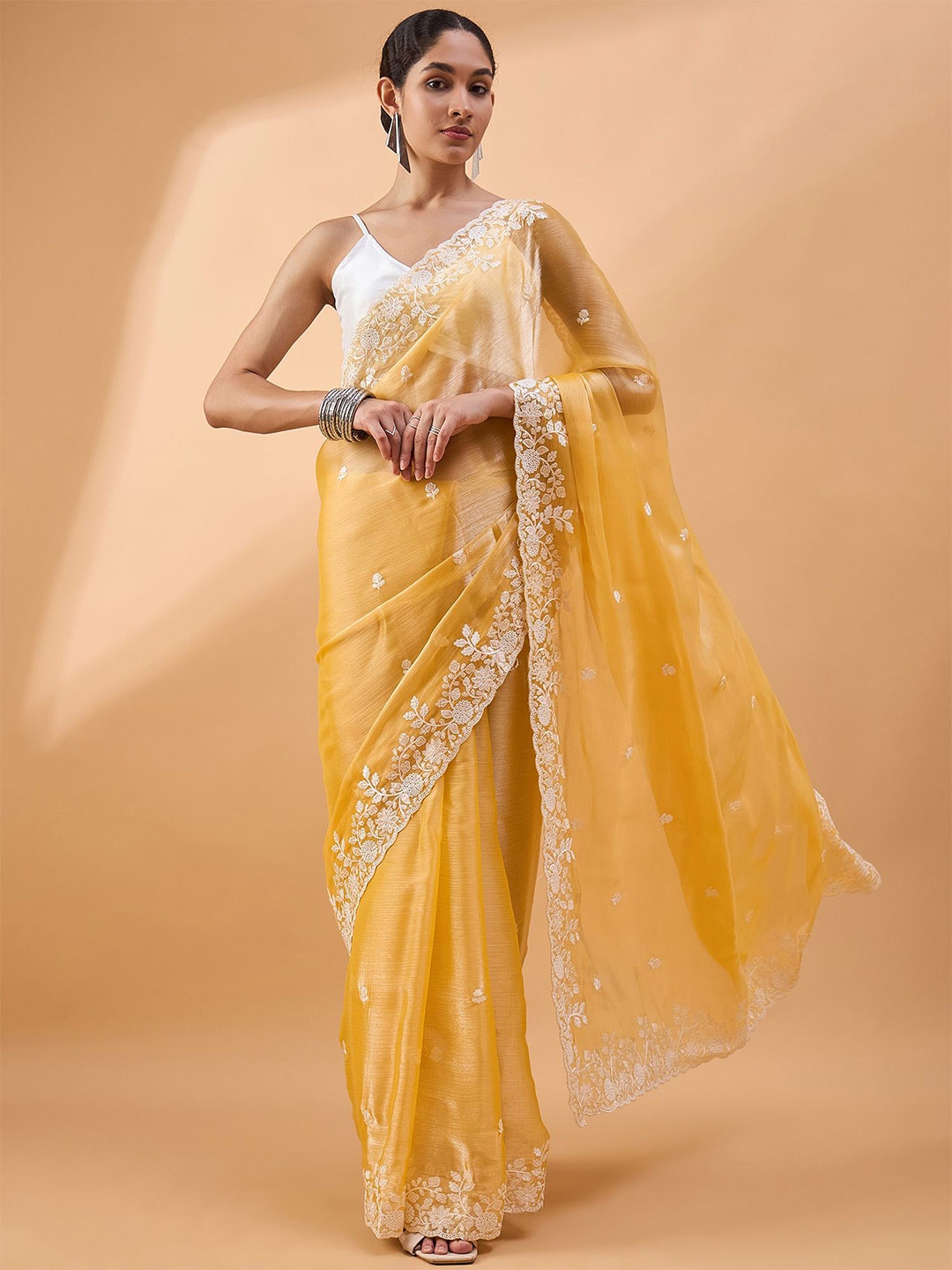 

all about you Floral Embroidered Saree, Yellow