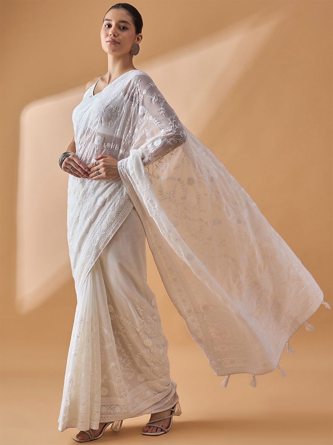 

all about you Floral Chikankari Pure Georgette Saree, White