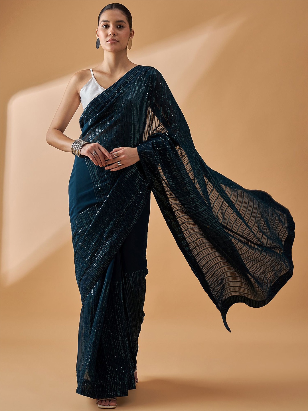 

all about you Embellished Sequinned Pure Georgette Saree, Blue