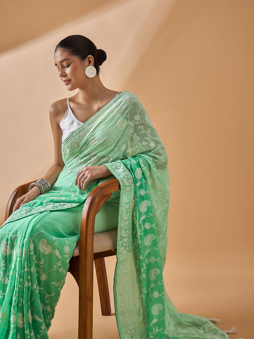

all about you Ethnic Motifs Chikankari Heavy Work Pure Georgette Saree, Green