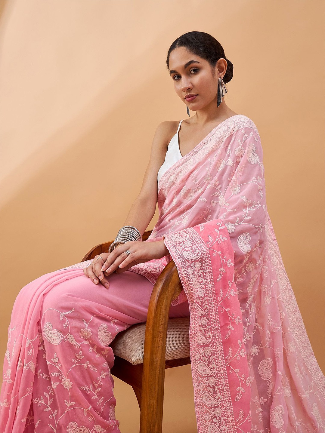

all about you Ethnic Motifs Chikankari Heavy Work Pure Georgette Saree, Pink