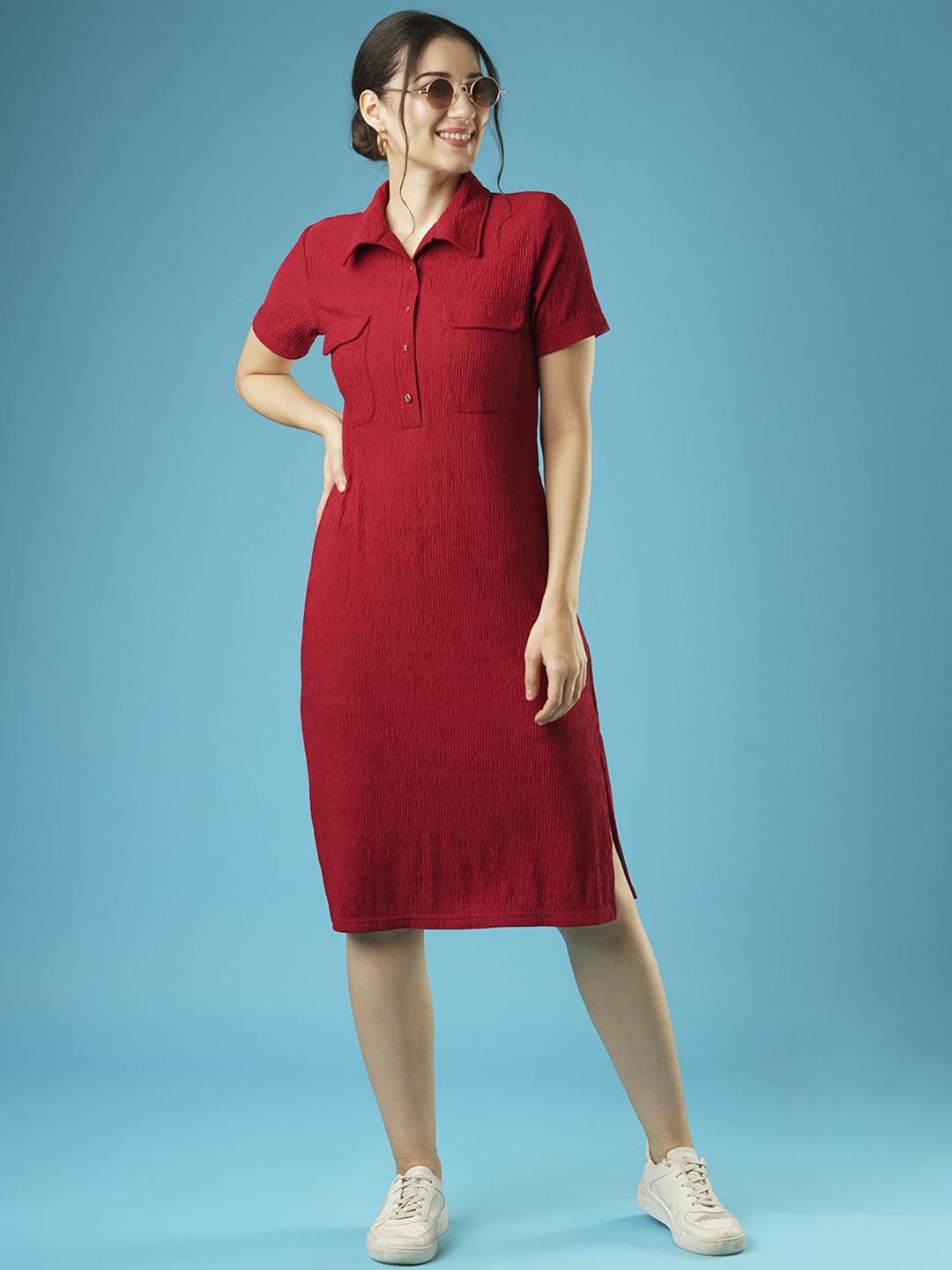 

Globus Self Design Shirt Collar Pocket Detail Midi Sheath Dress, Maroon