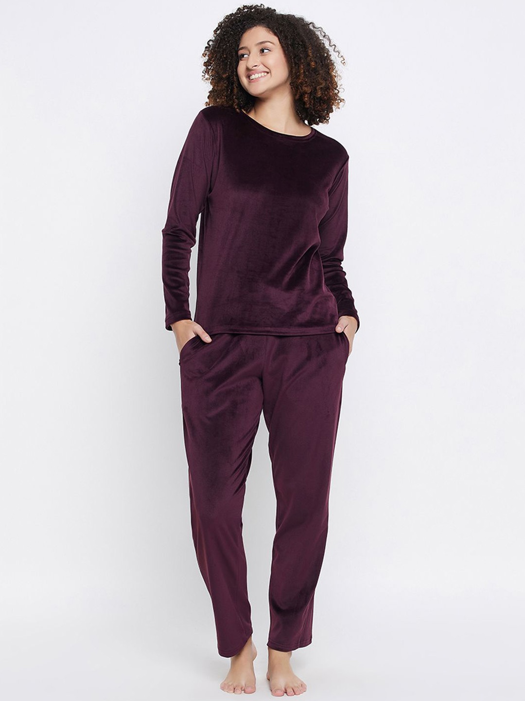

Clovia Women Round Neck Long Sleeves Night suits, Maroon