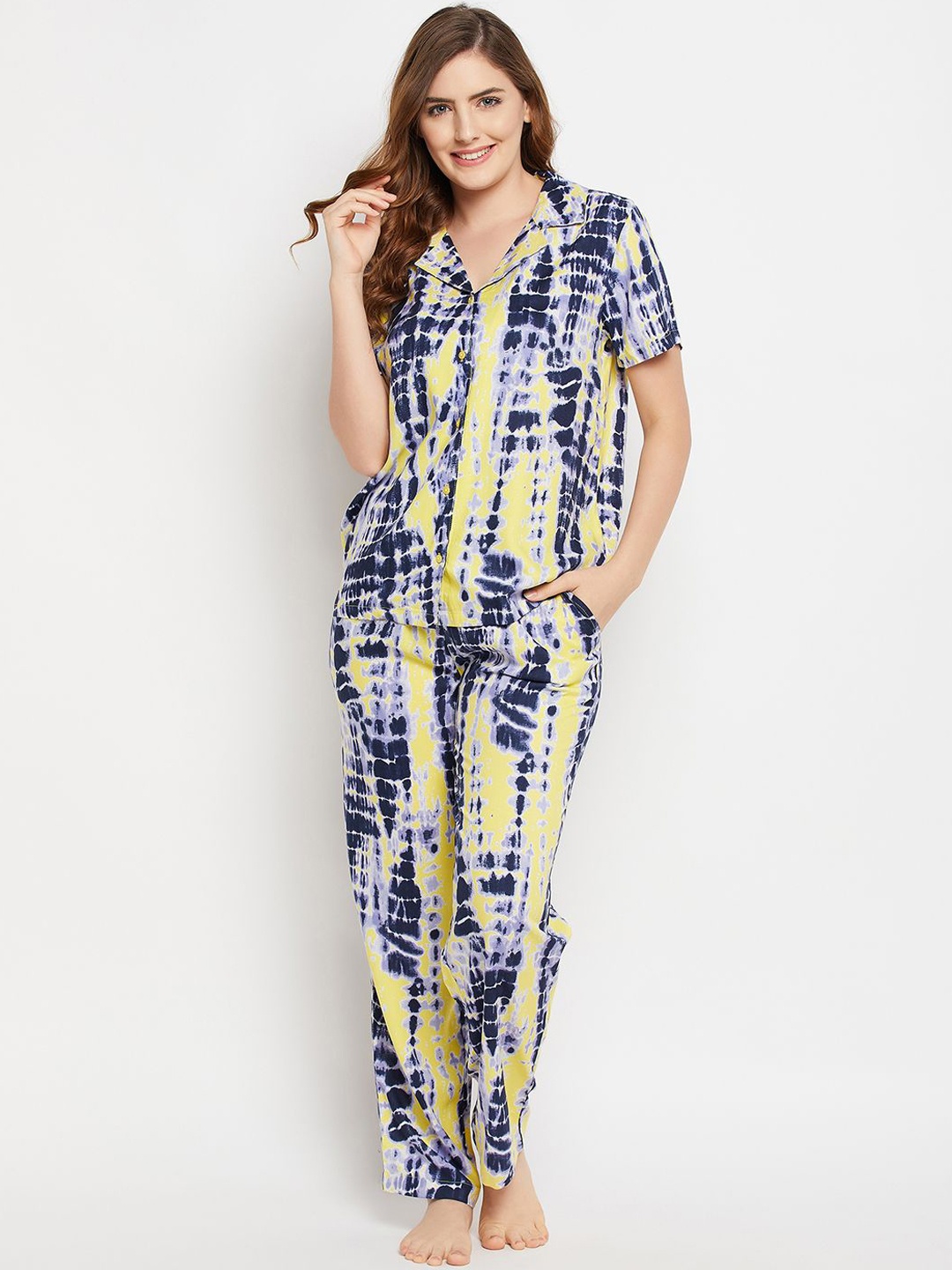 

Clovia Women Slip-On Tie and Dye Night suit, Blue