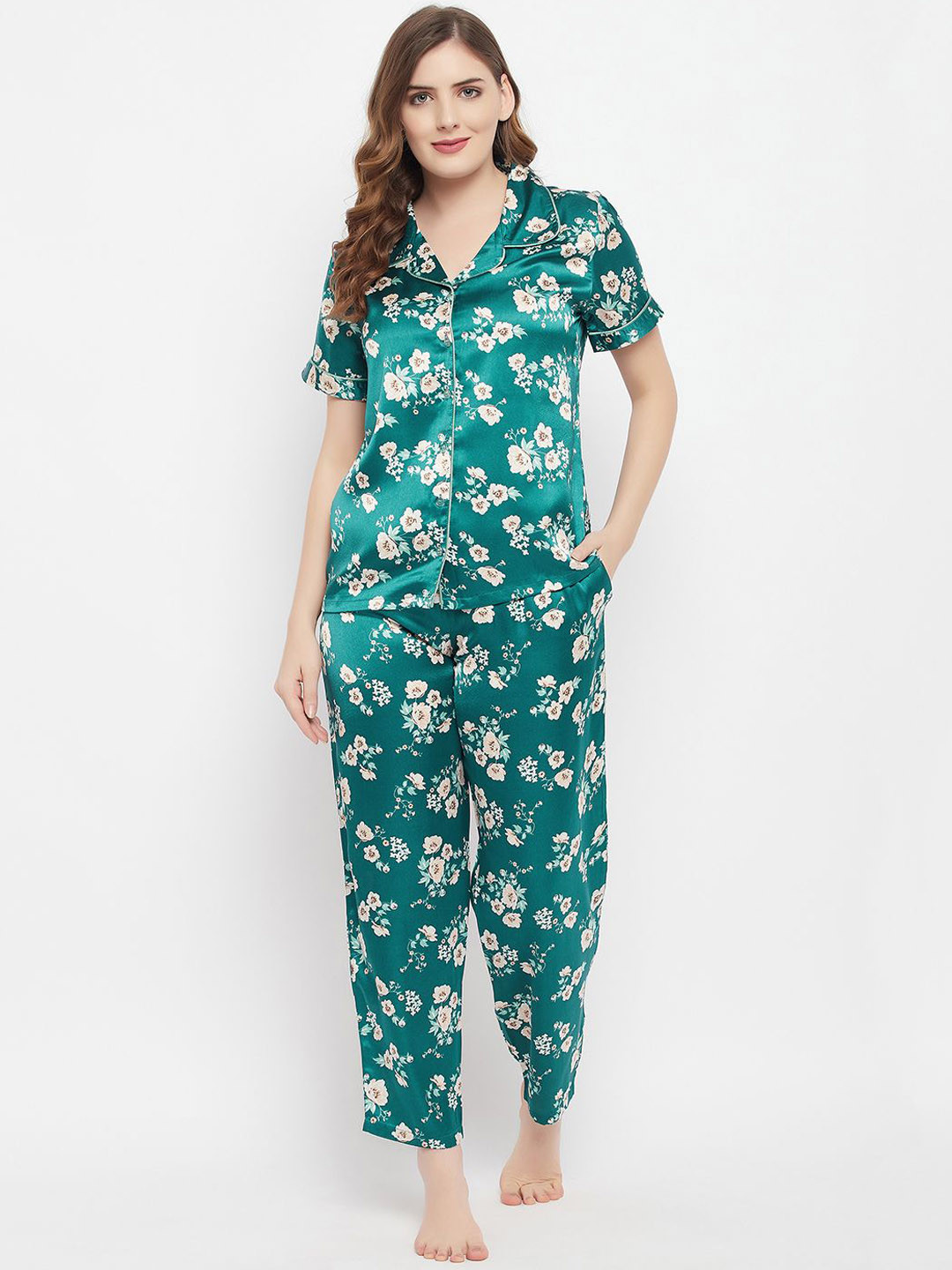 

Clovia Women Satin Floral Print Night suit, Teal