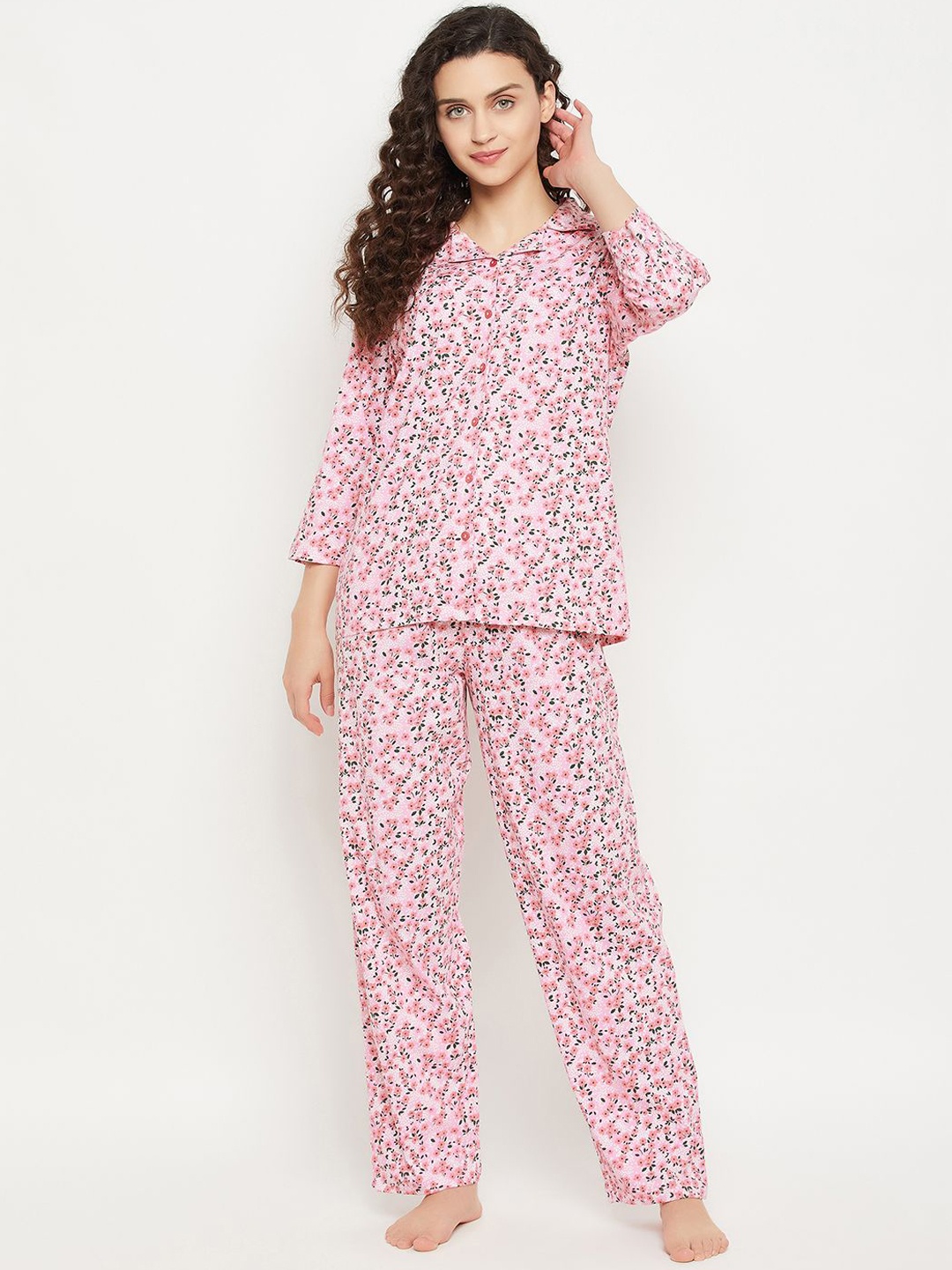 

Clovia Women Cotton Printed Shirt & Pyjama, Pink