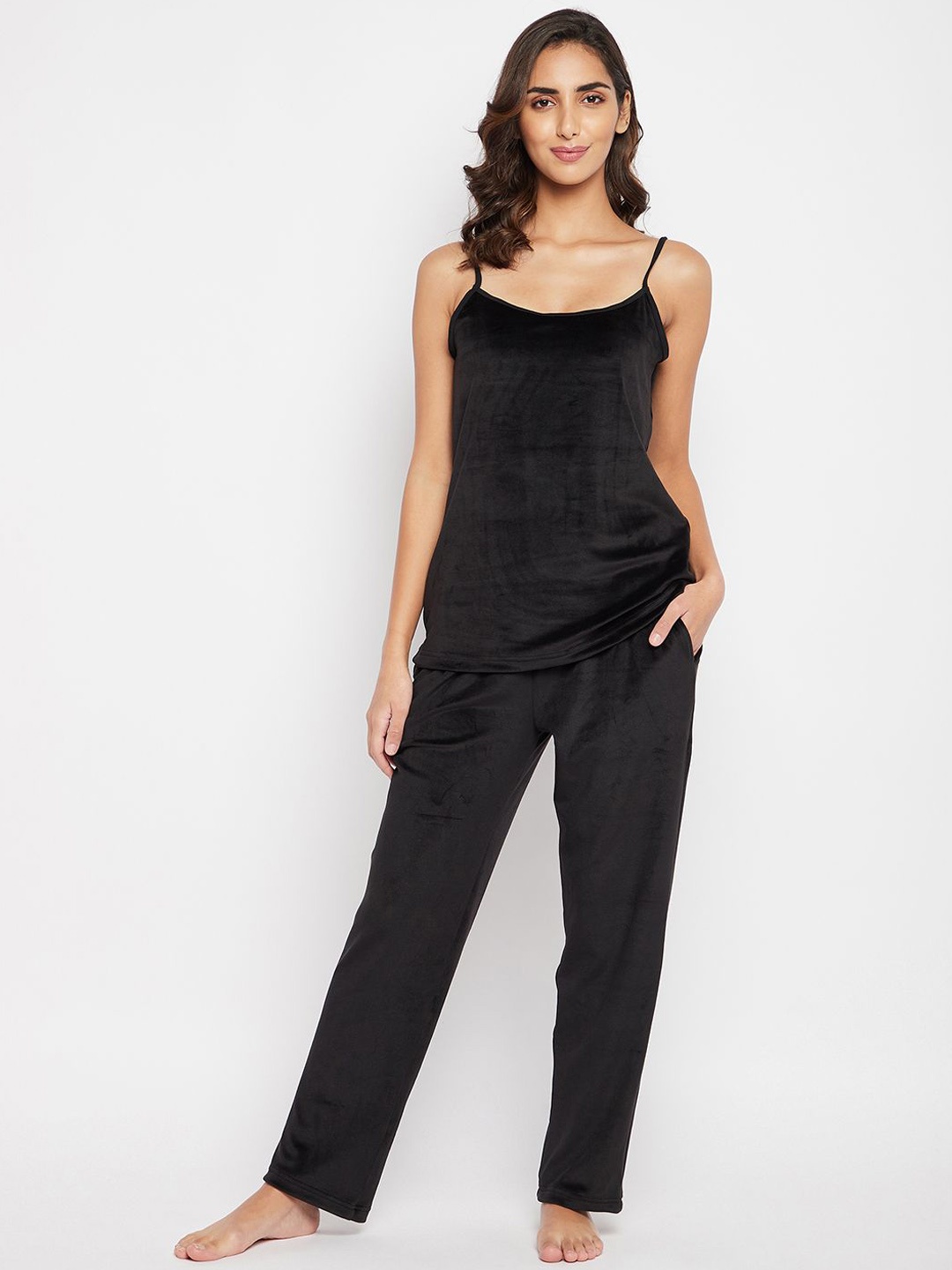 

Clovia Women Nylon Cami and Pyjamas Set, Black