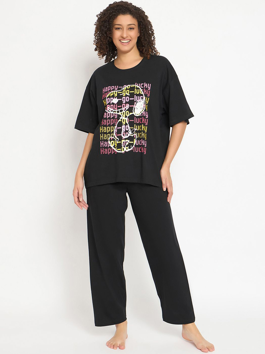 

Clovia Women Cotton T-shirt and Pyjama Set, Black