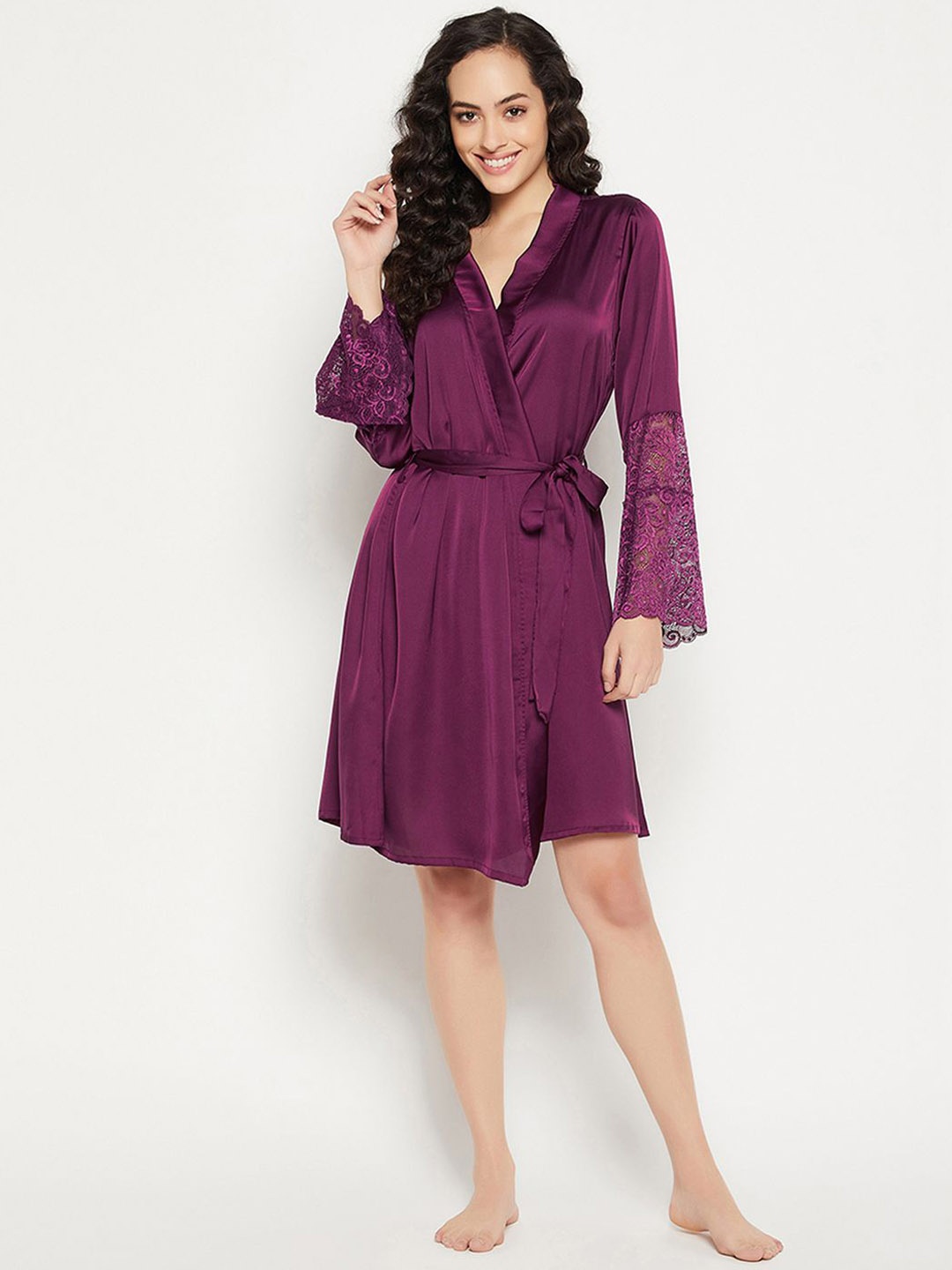 

Clovia Women Self Design Knee Length Robe, Purple
