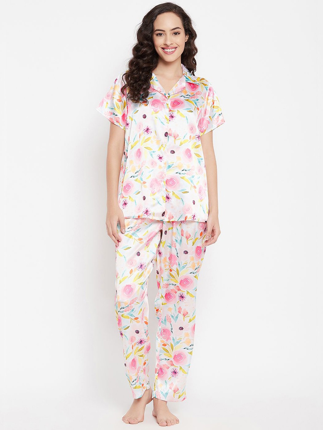 

Clovia Women Satin Shirt and Pyjama Set, White
