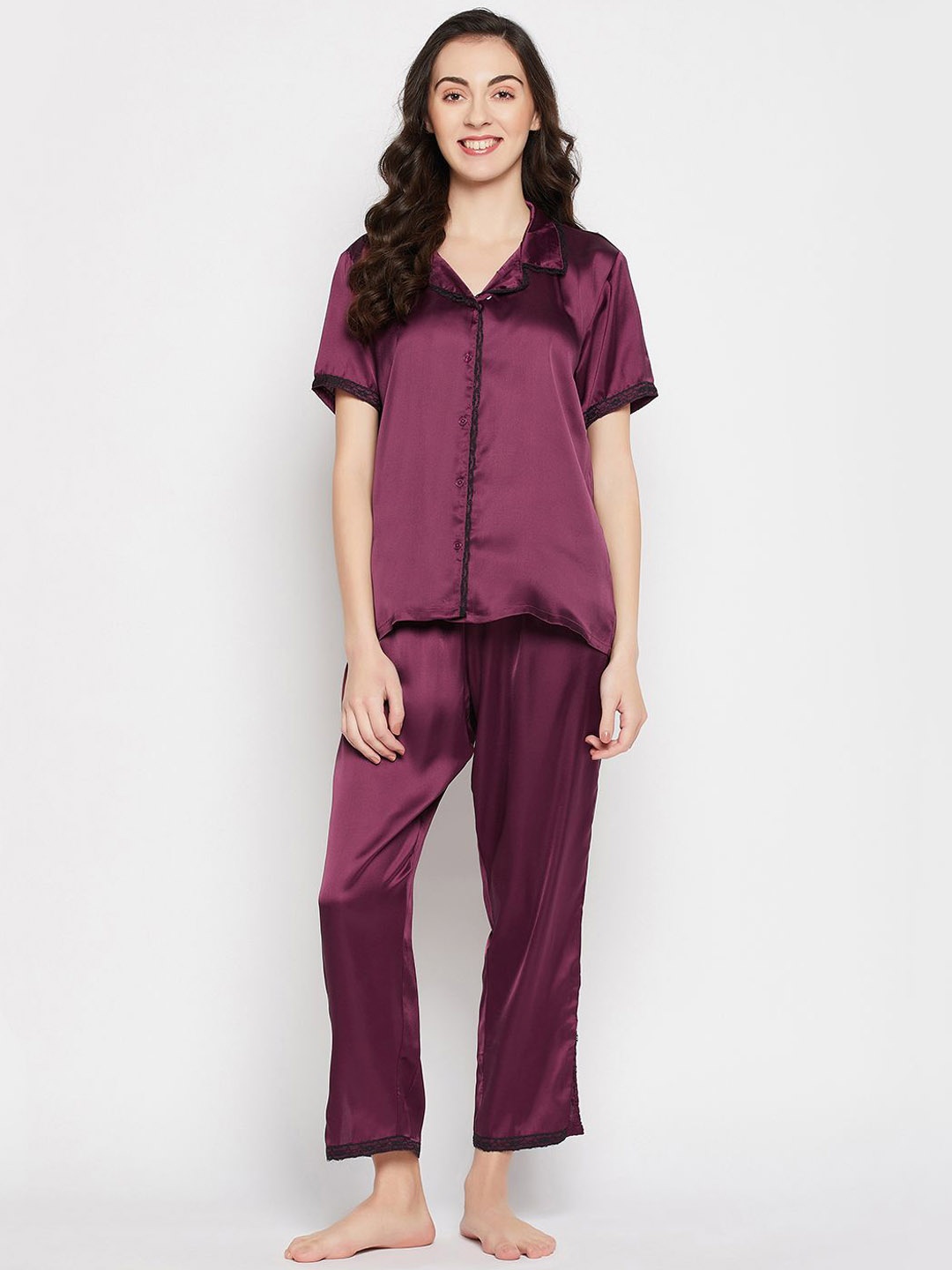 

Clovia Women Satin Shirt and Pyjama Set, Purple