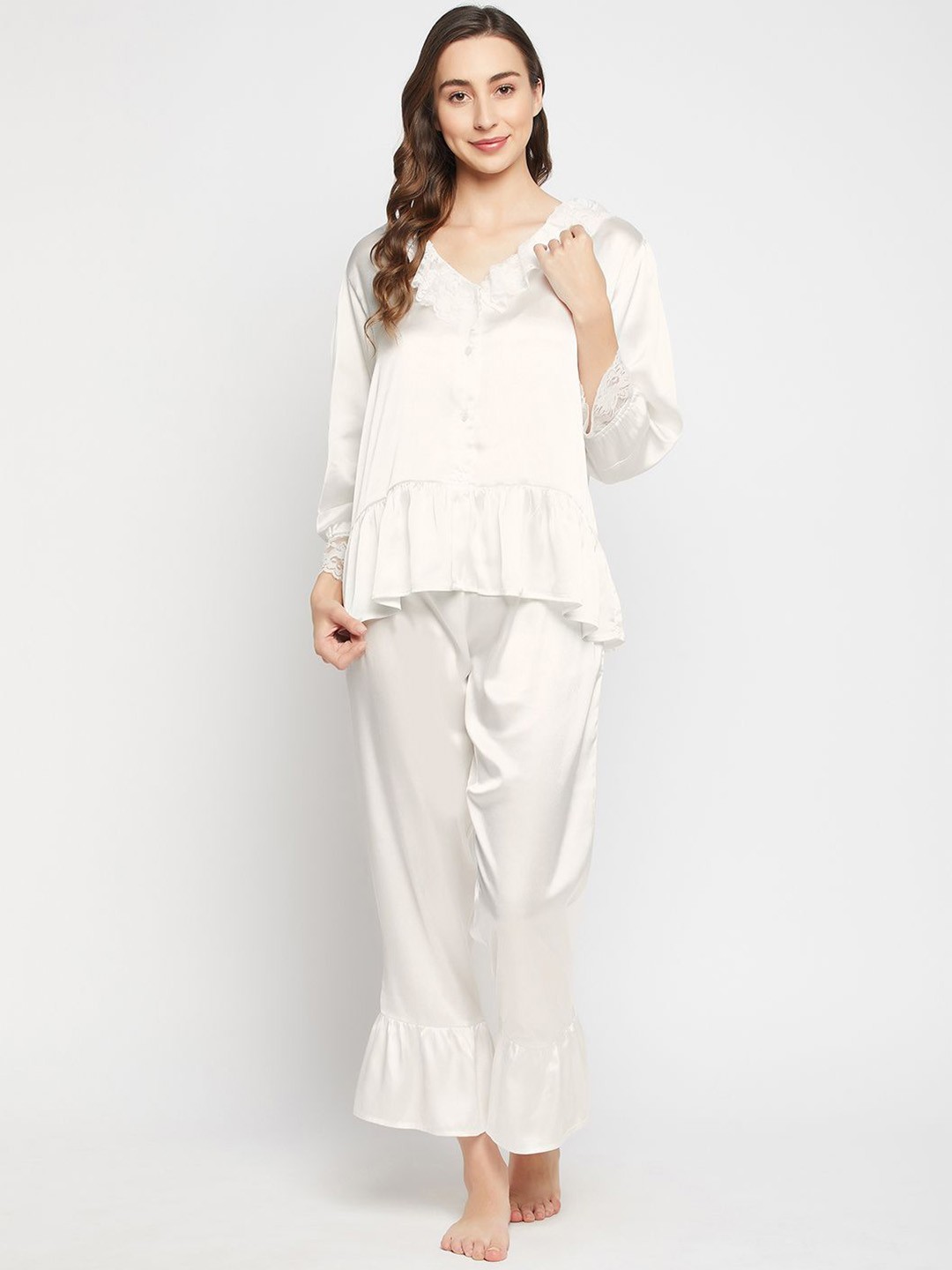 

Clovia Women Satin Top and Pyjama Set, White