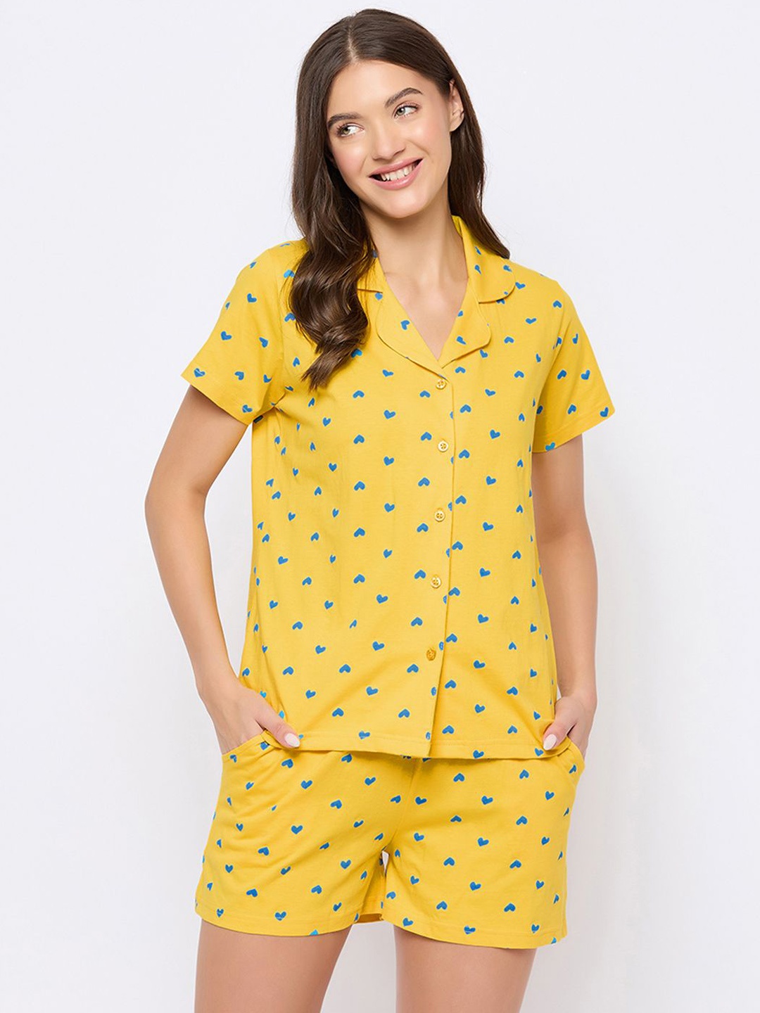 

Clovia Women Cotton Shirt and Shorts Set, Yellow