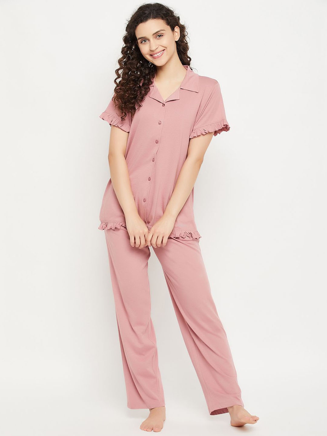 

Clovia Women Modal Shirt and Pyjama Set, Pink