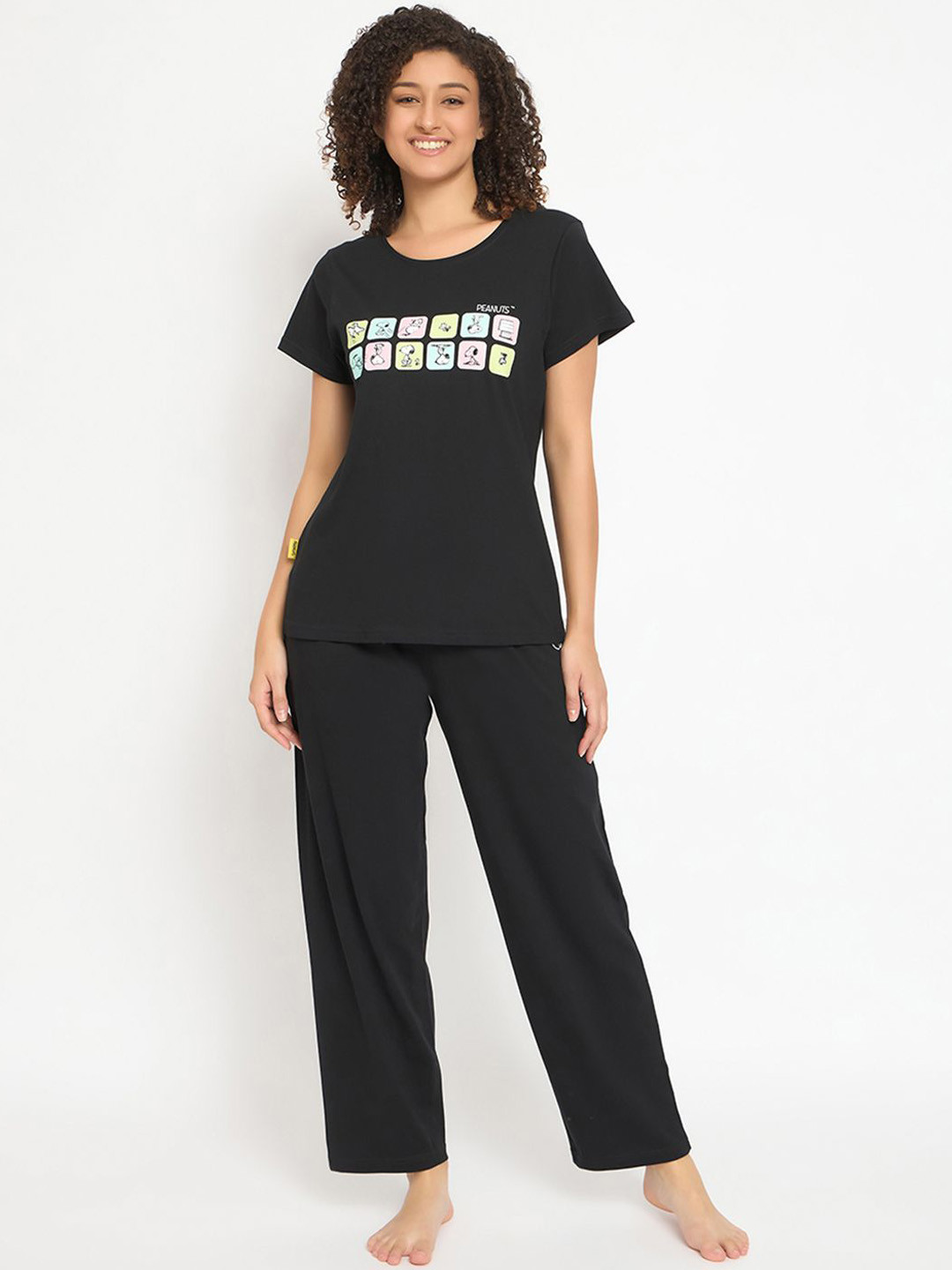 

Clovia Women Cotton Tshirt and Pyjama Set, Black