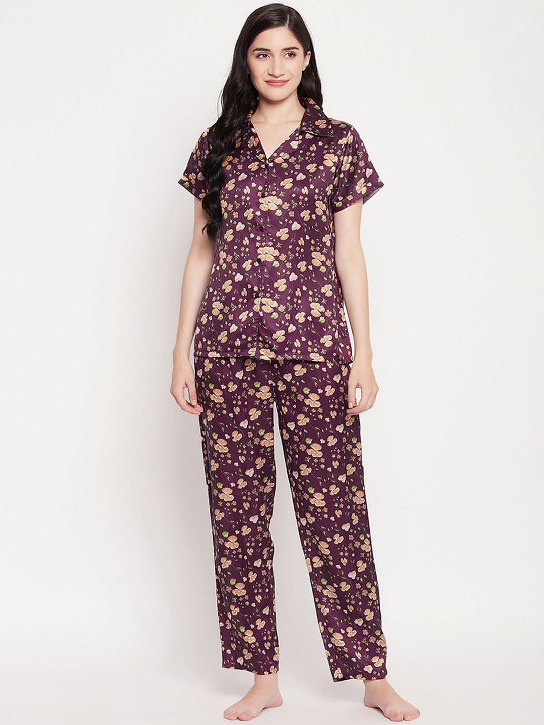 

Clovia Women Satin Shirt and Pyjama Set, Purple