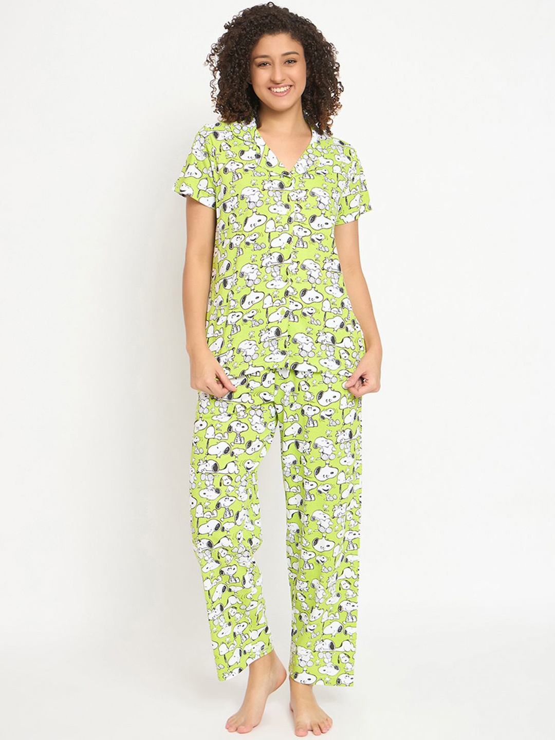 

Clovia Women Cotton Shirt and Pyjama Set, Green