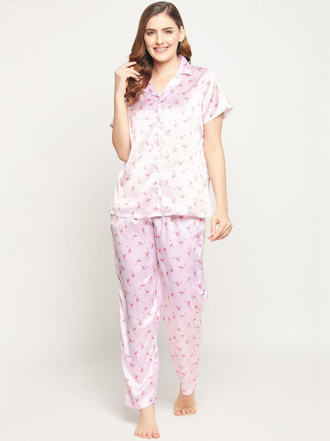 

Clovia Women Satin Shirt and Pyjama Set, Pink