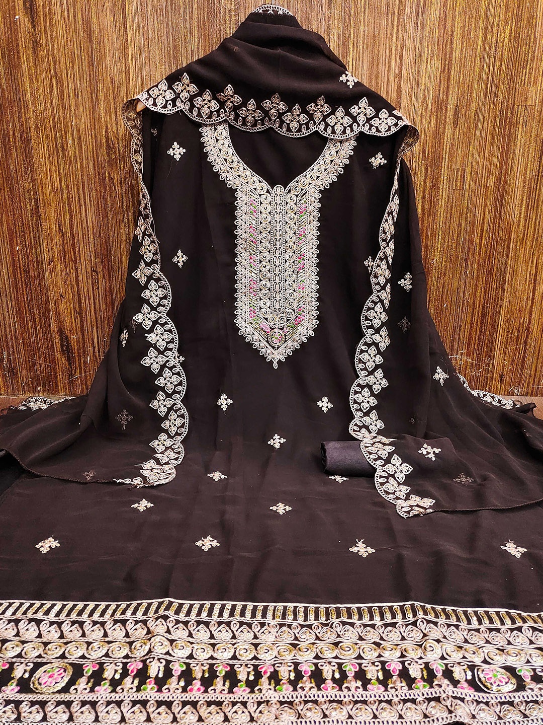 

KALINI Floral Embroidered Silk Georgette Unstitched Dress Material, Brown