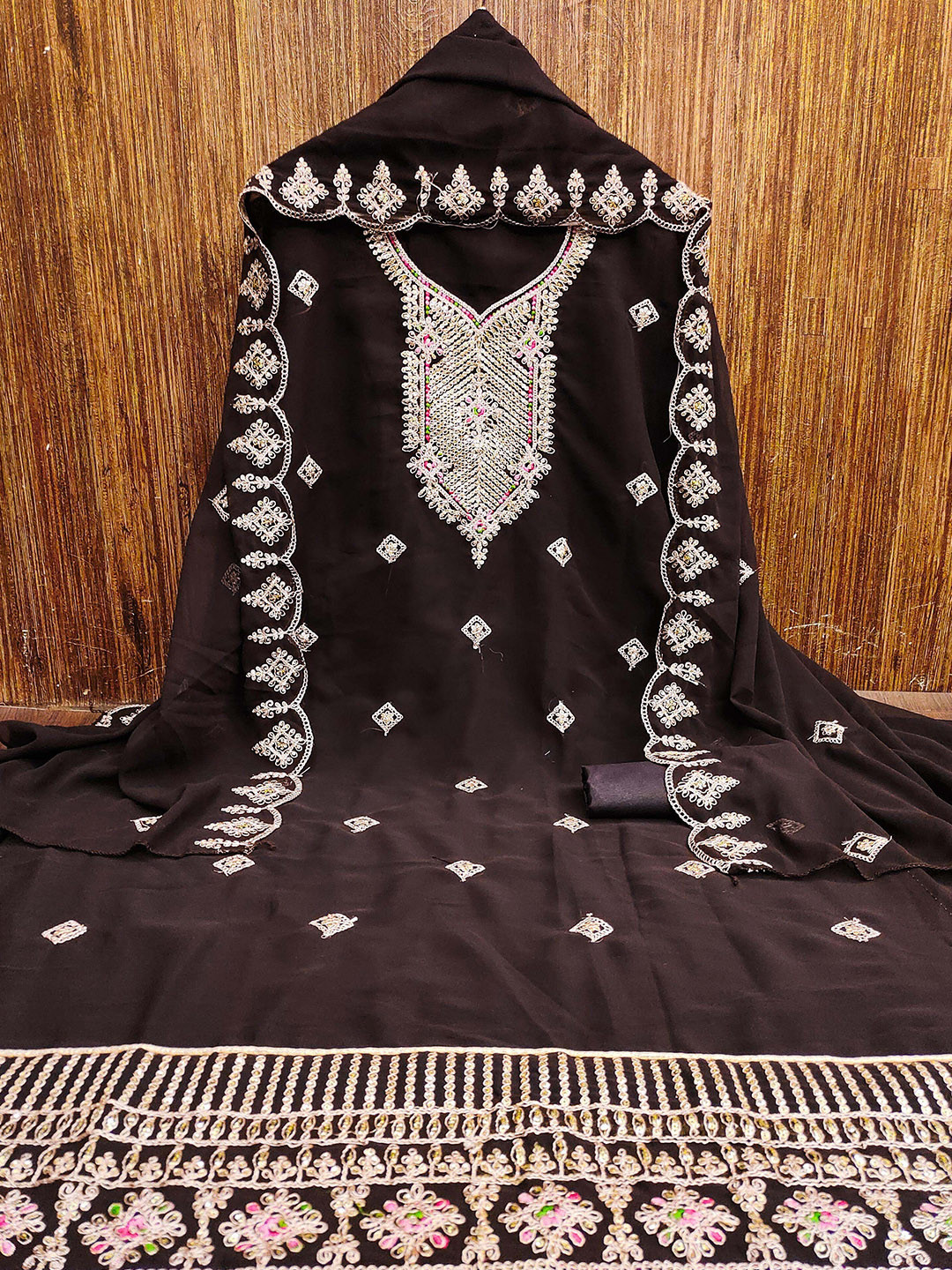 

KALINI Floral Embroidered Silk Georgette Unstitched Dress Material, Brown