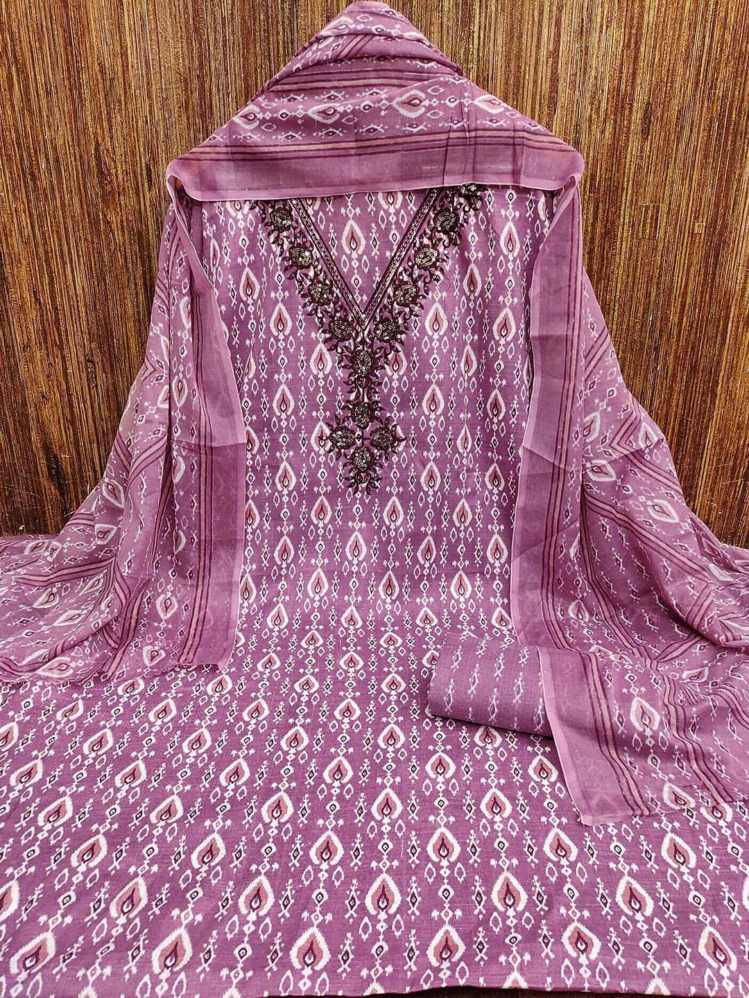 

KALINI Ethnic Motifs Printed Pure Cotton Unstitched Dress Material, Purple