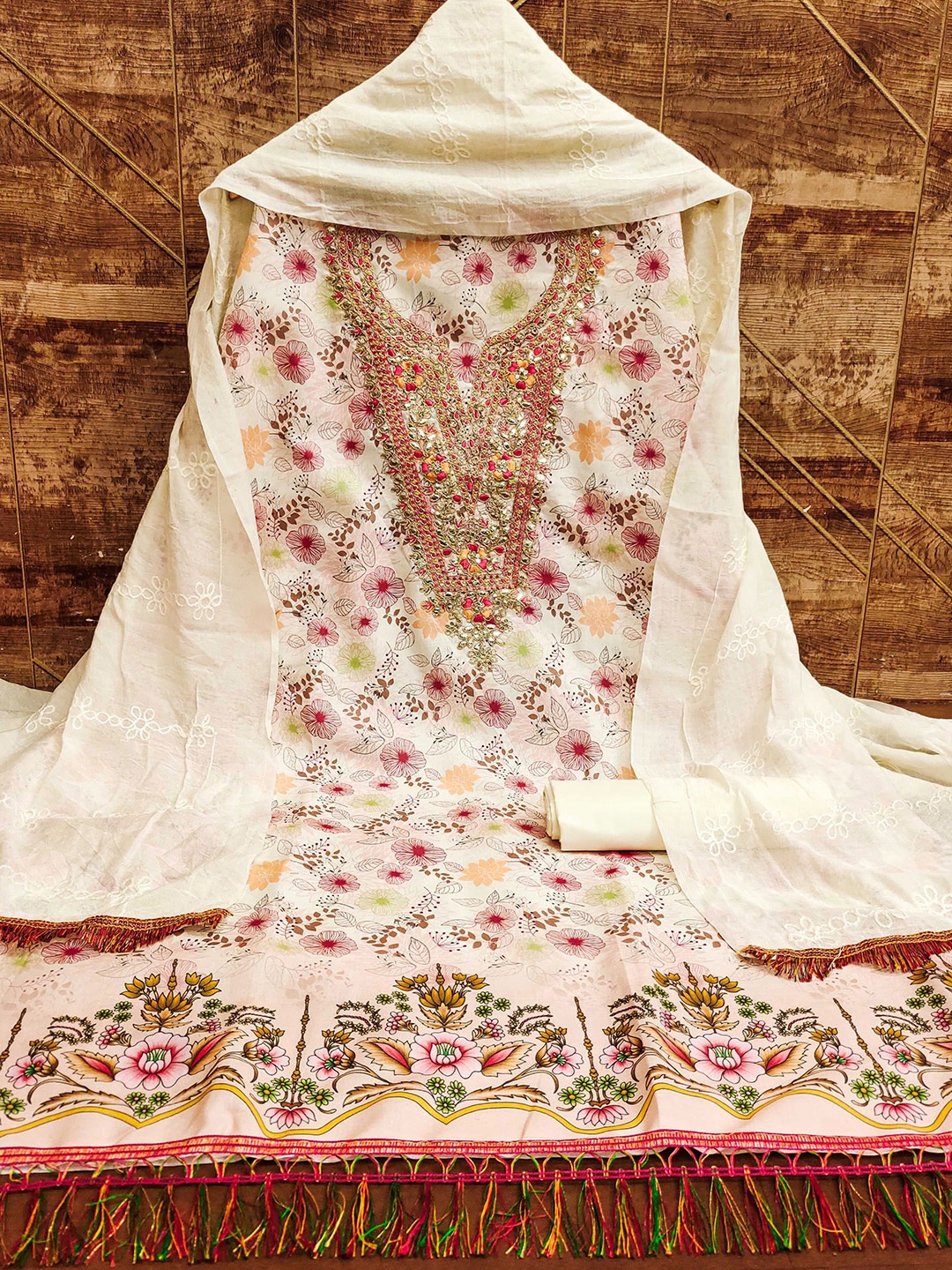 

KALINI Floral Embroidered Unstitched Dress Material, Beige