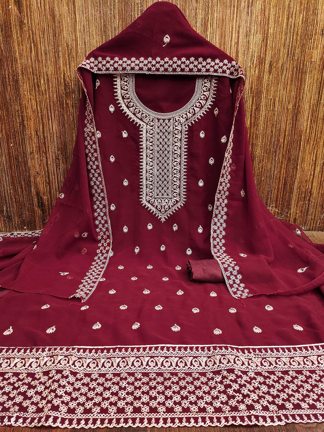 

KALINI Ethnic Motifs Embroidered Silk Georgette Unstitched Dress Material, Maroon