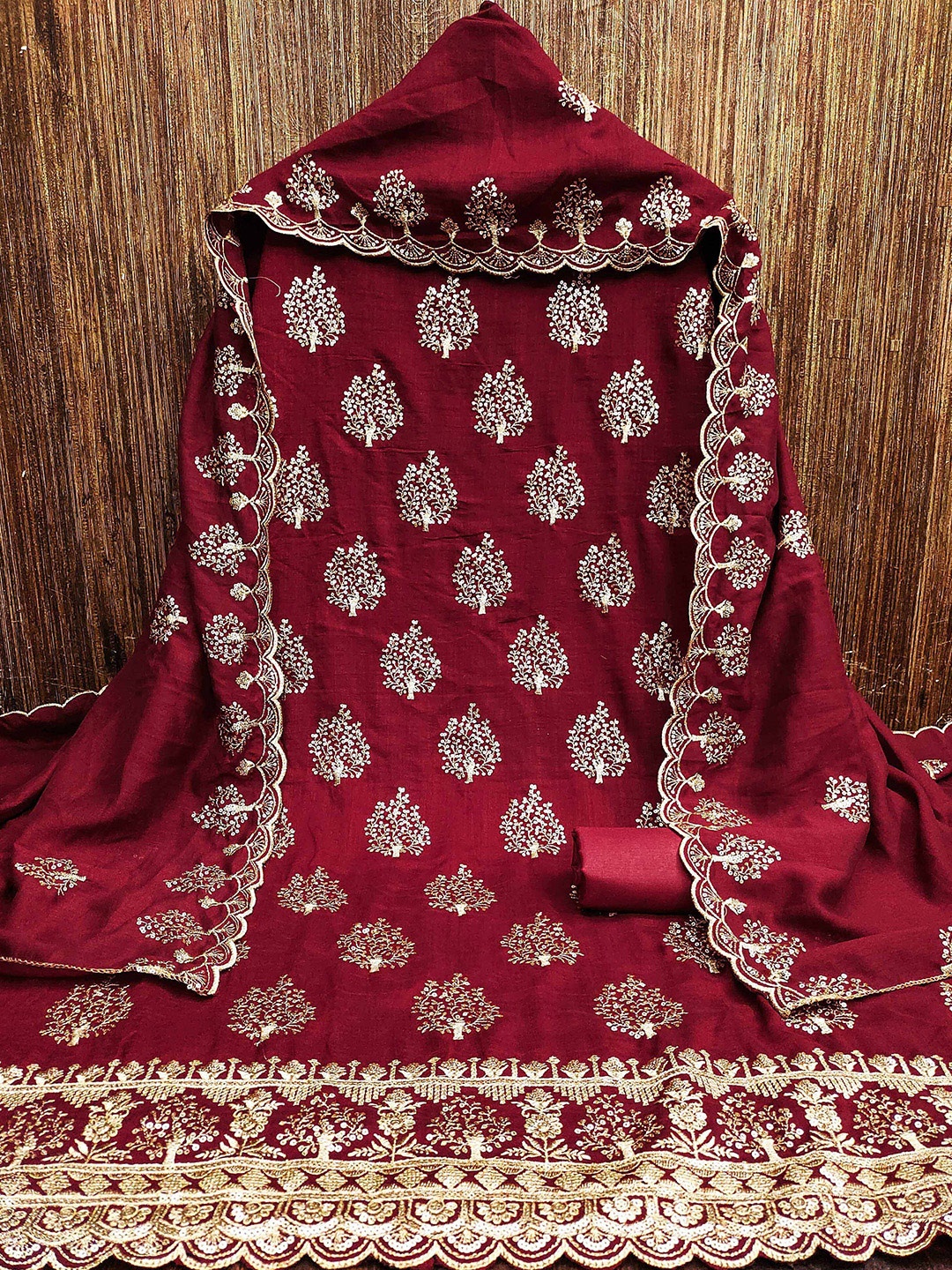 

KALINI Floral Embroidered Unstitched Dress Material, Red
