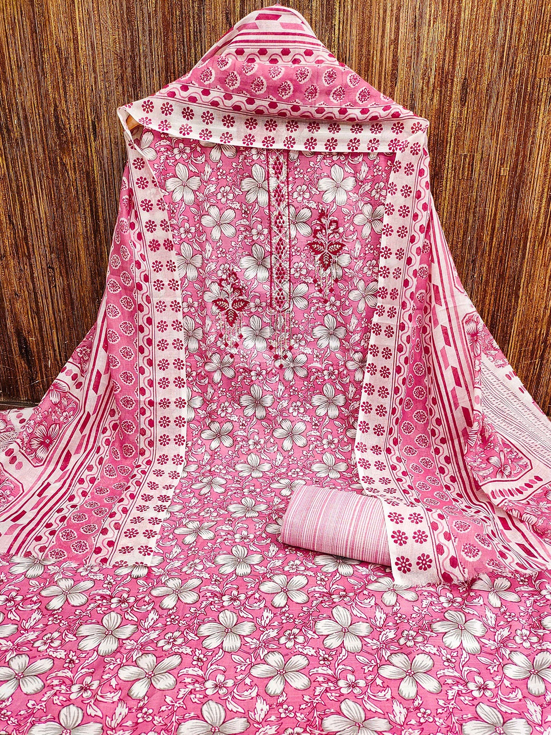 

KALINI Floral Printed Pure Cotton Unstitched Dress Material, Pink