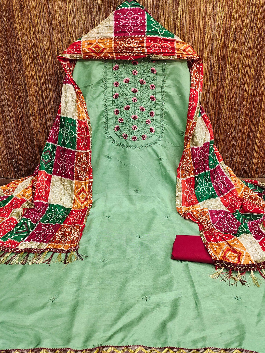 

KALINI Floral Embroidered Unstitched Dress Material, Green