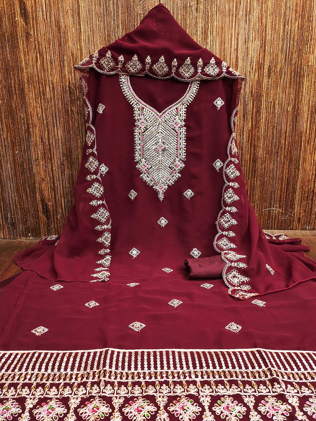 

KALINI Ethnic Motifs Embroidered Silk Georgette Unstitched Dress Material, Maroon