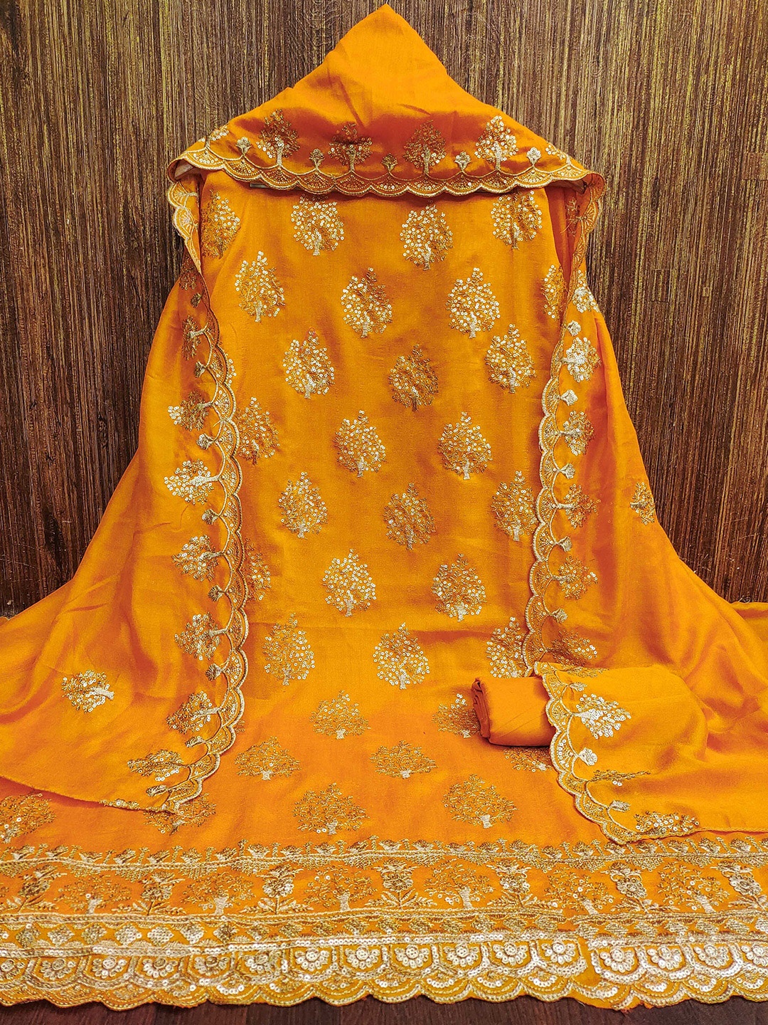 

KALINI Floral Embroidered Unstitched Dress Material, Gold