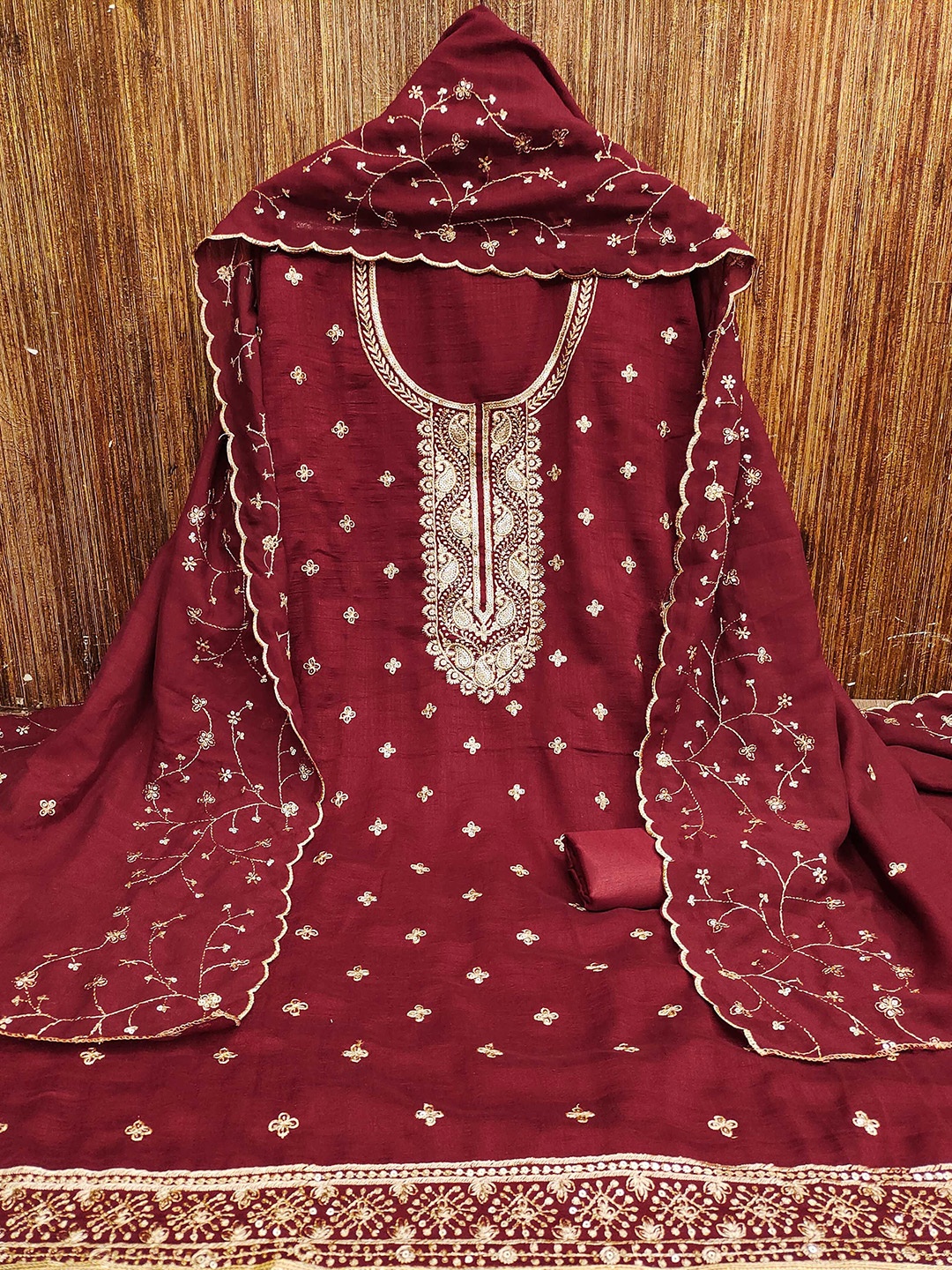 

KALINI Floral Embroidered Unstitched Dress Material, Maroon