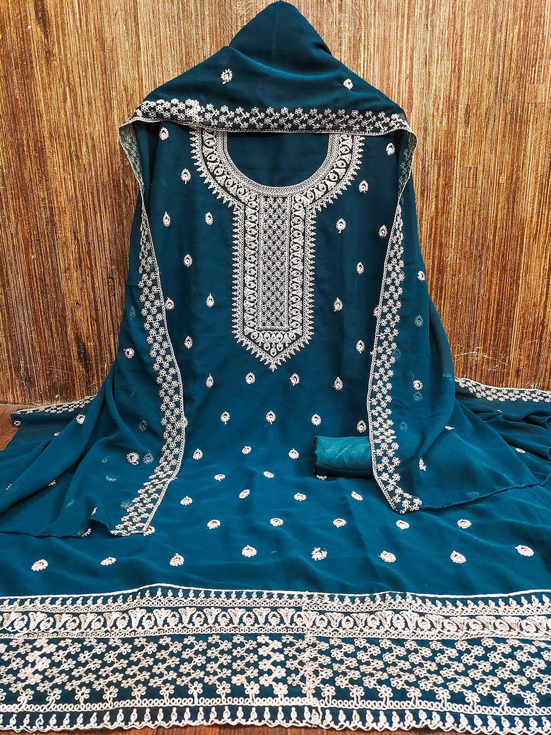 

KALINI Embroidered Silk Georgette Unstitched Dress Material, Teal