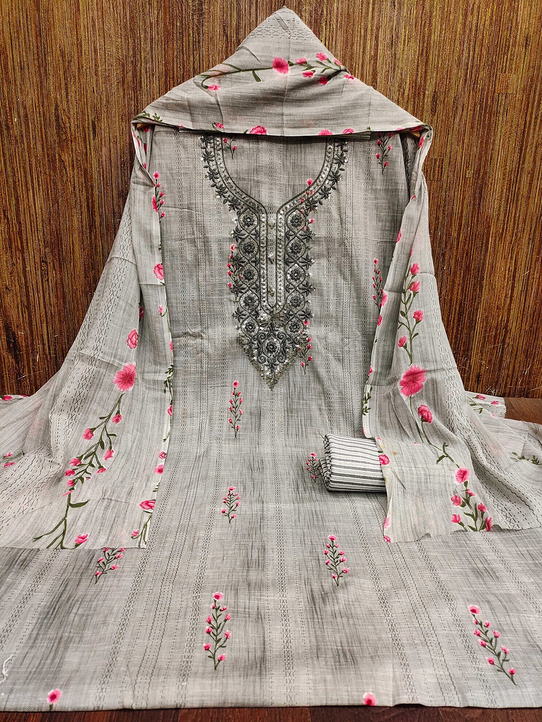 

KALINI Embroidered Unstitched Dress Material, Grey