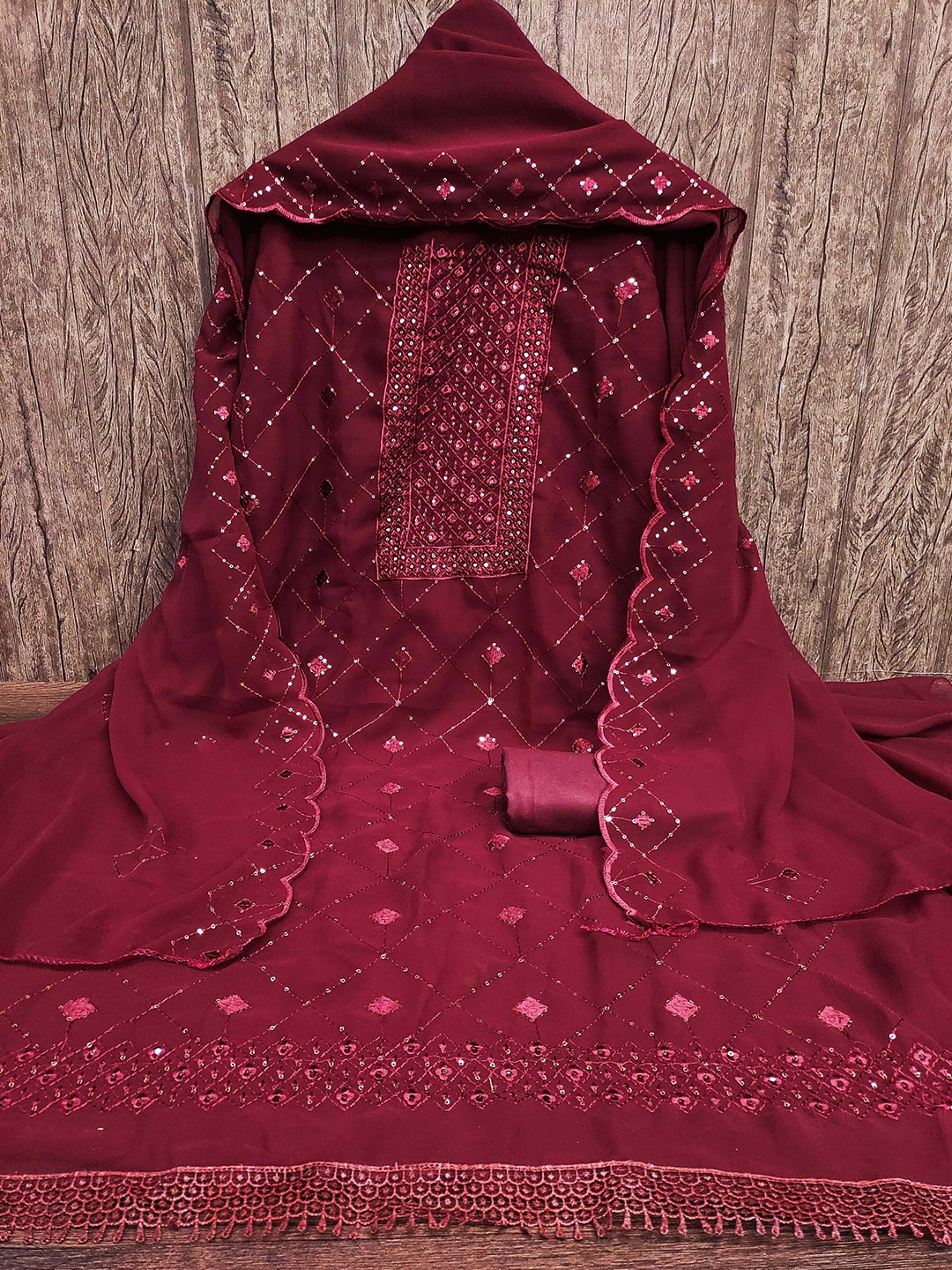 

KALINI Embroidered Silk Georgette Unstitched Dress Material, Maroon