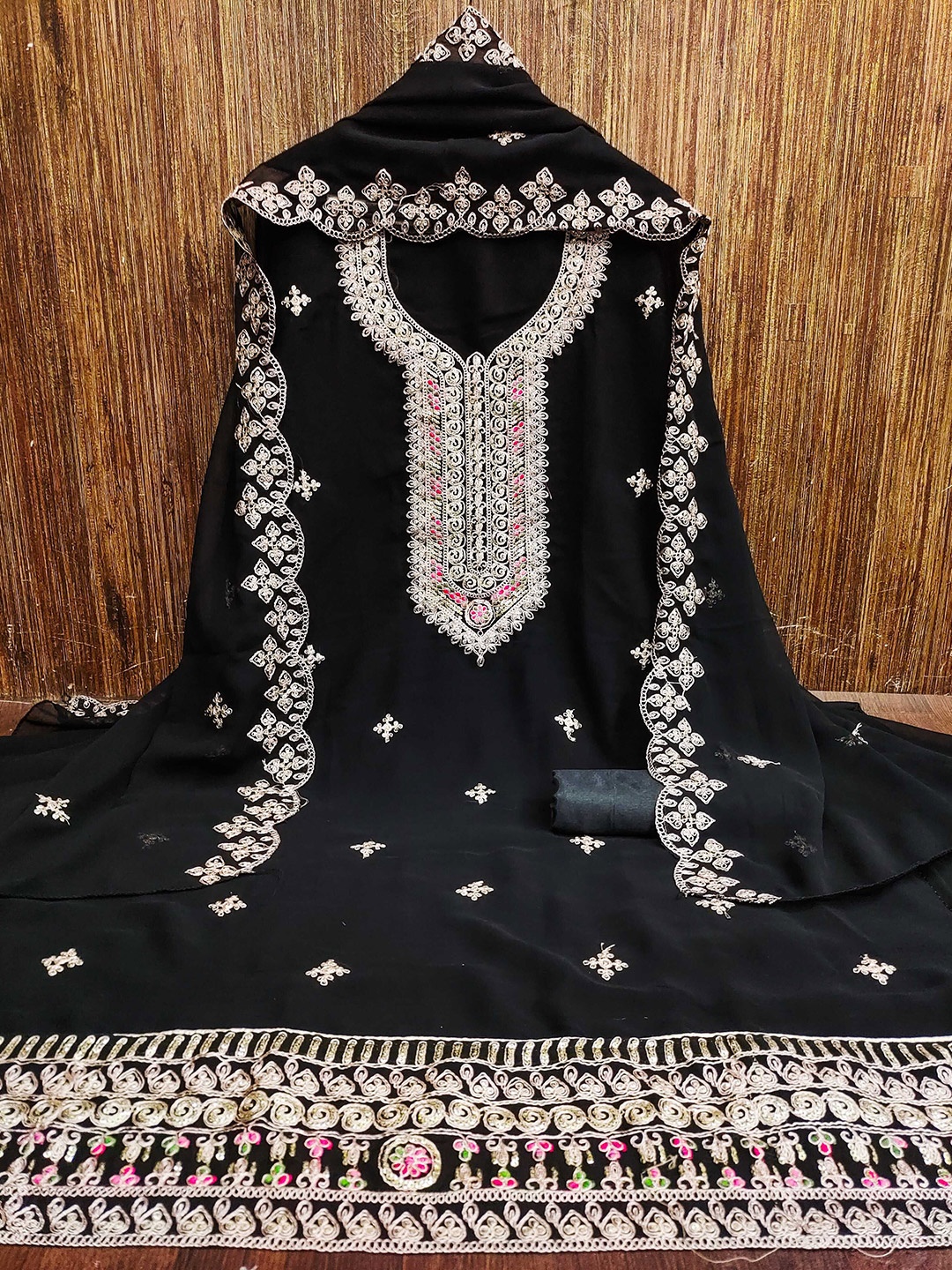 

KALINI Embroidered Silk Georgette Unstitched Dress Material, Black
