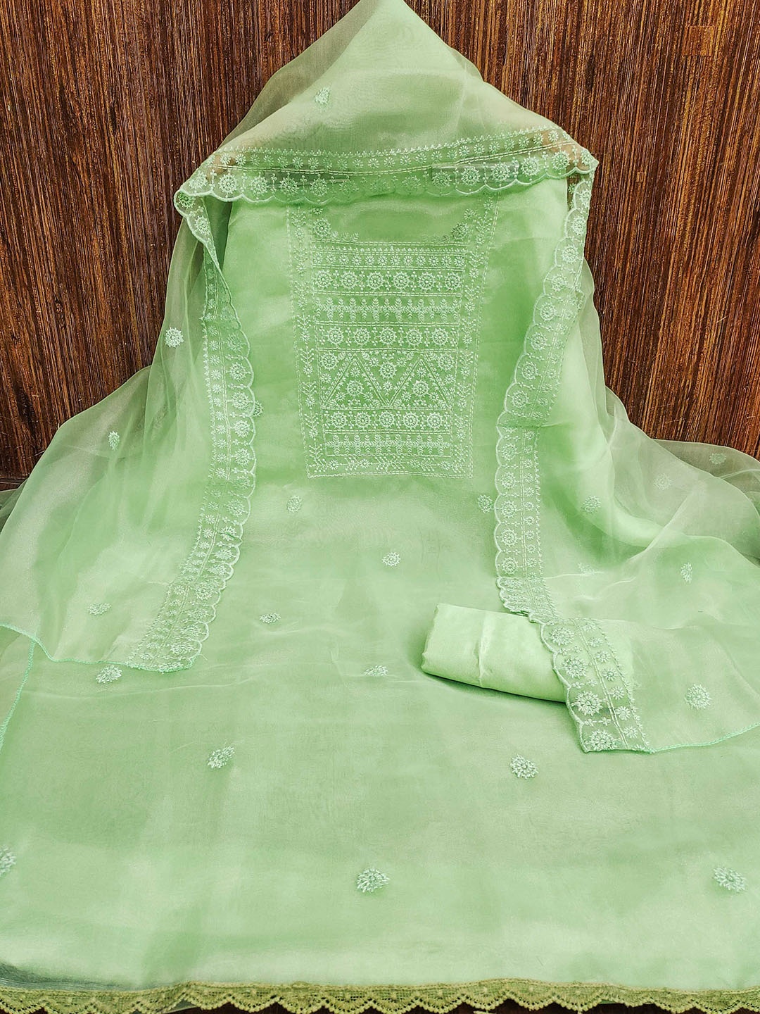 

KALINI Embroidered Organza Unstitched Dress Material, Green