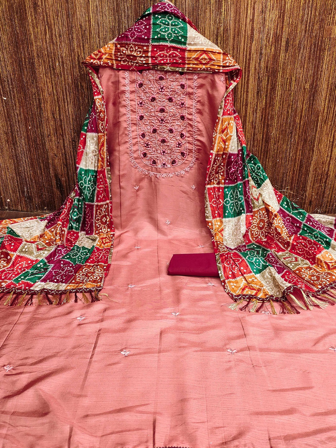 

KALINI Embroidered Unstitched Dress Material, Peach