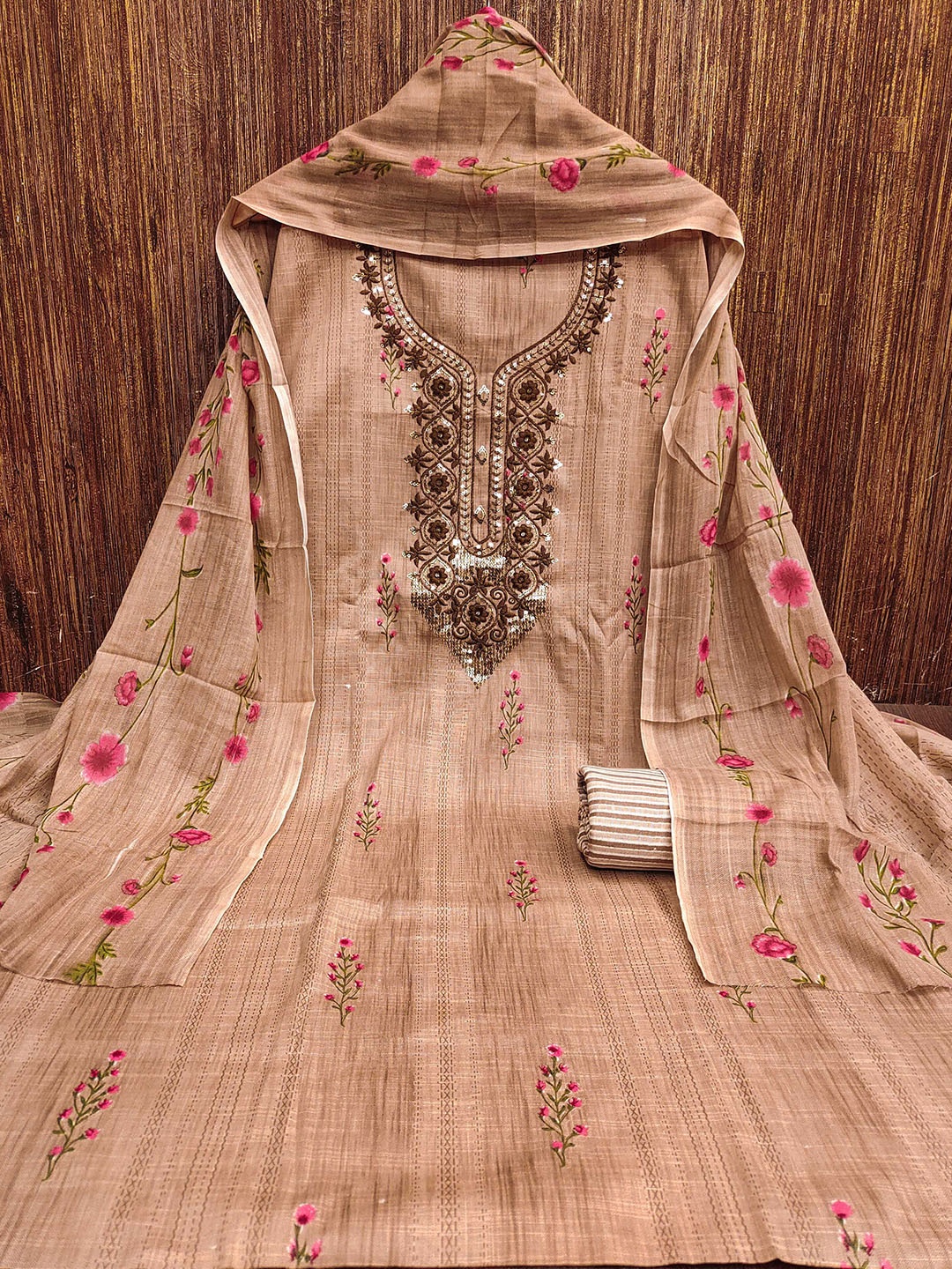 

KALINI Embroidered Unstitched Dress Material, Beige