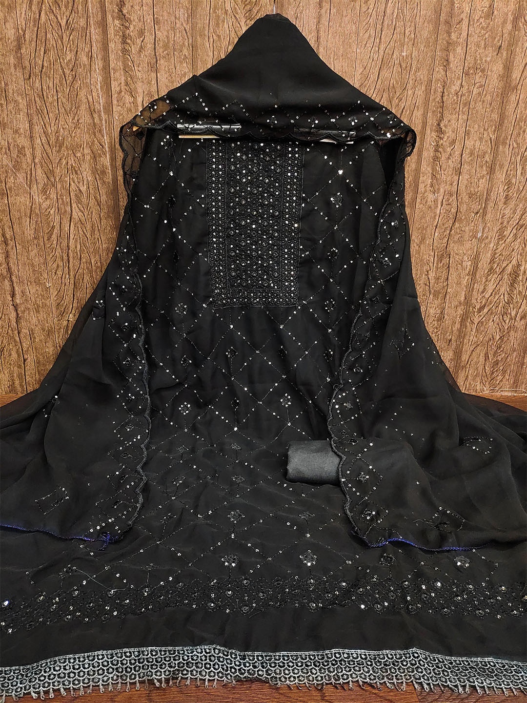 

KALINI Embroidered Silk Georgette Unstitched Dress Material, Black