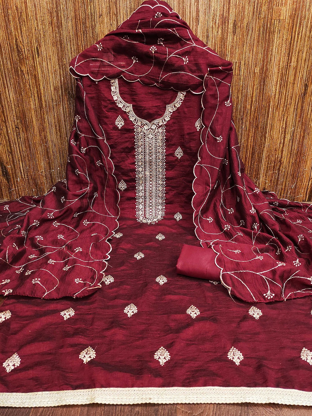 

KALINI Embroidered Unstitched Dress Material, Red