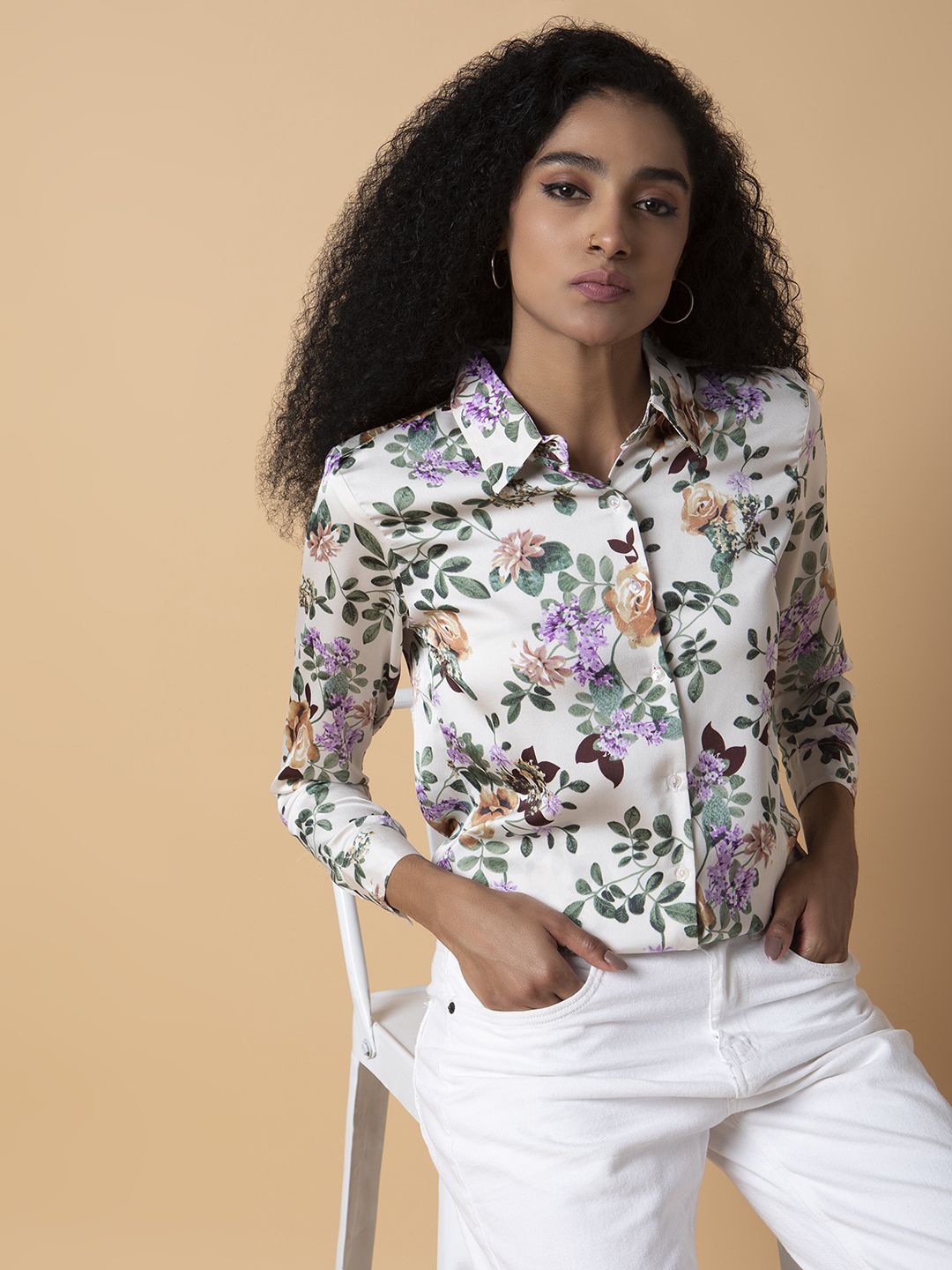 

SHOWOFF Women Standard Slim Fit Floral Opaque Printed Casual Shirt, Cream