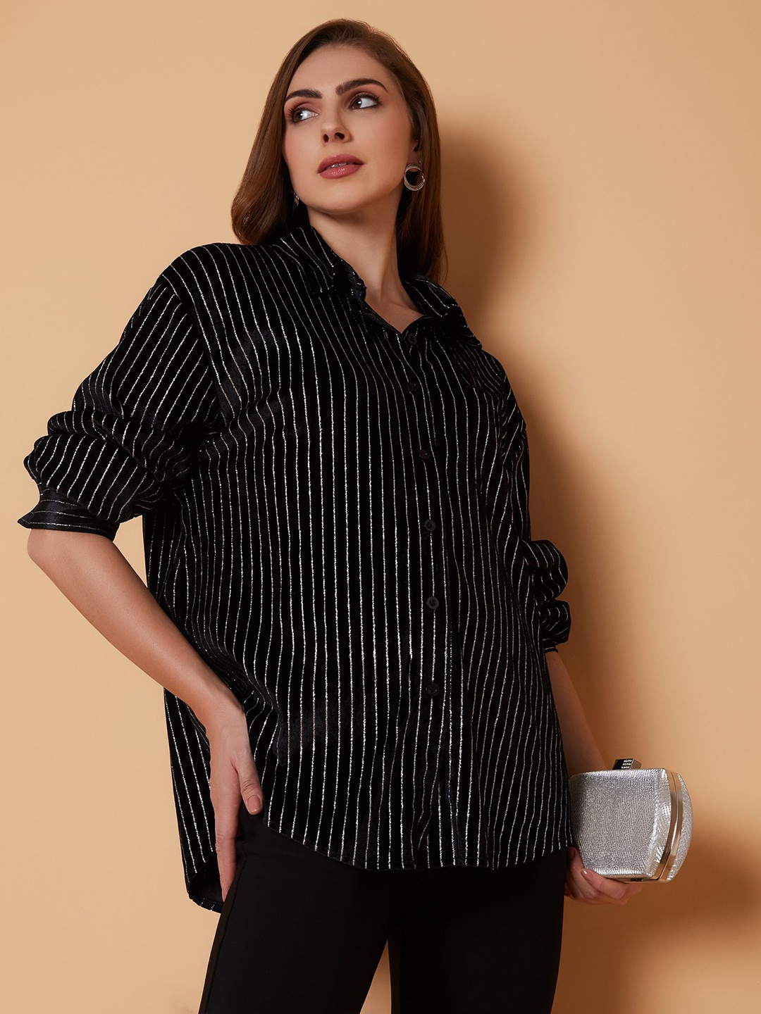 

SHOWOFF Women Relaxed Opaque Striped Casual Shirt, Black