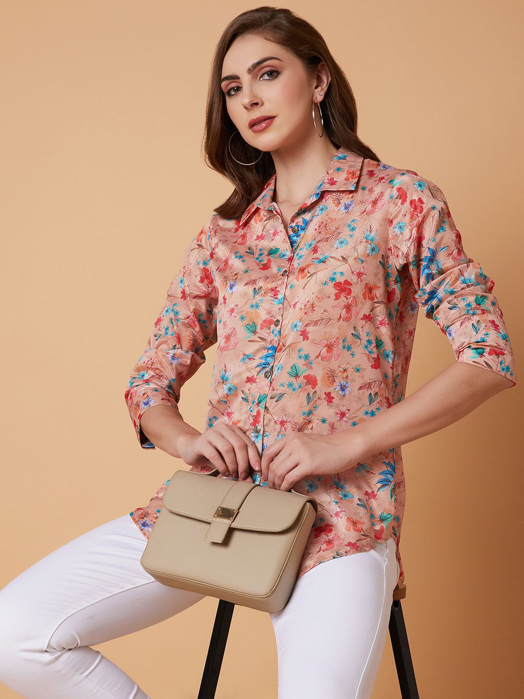 

SHOWOFF Women Standard Floral Opaque Printed Casual Shirt, Peach