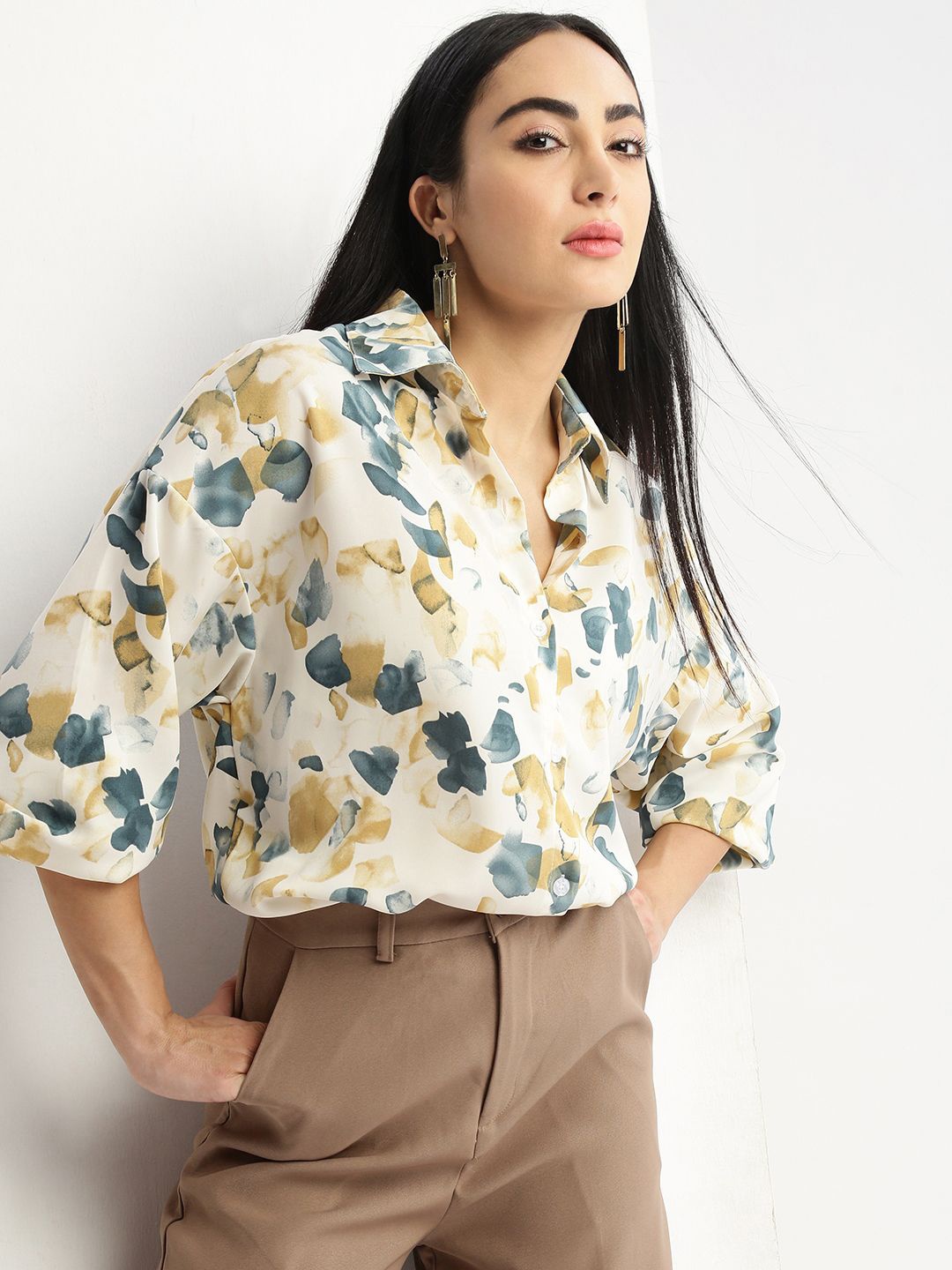 

SHOWOFF Women Relaxed Floral Opaque Printed Casual Oversized Shirt, Cream