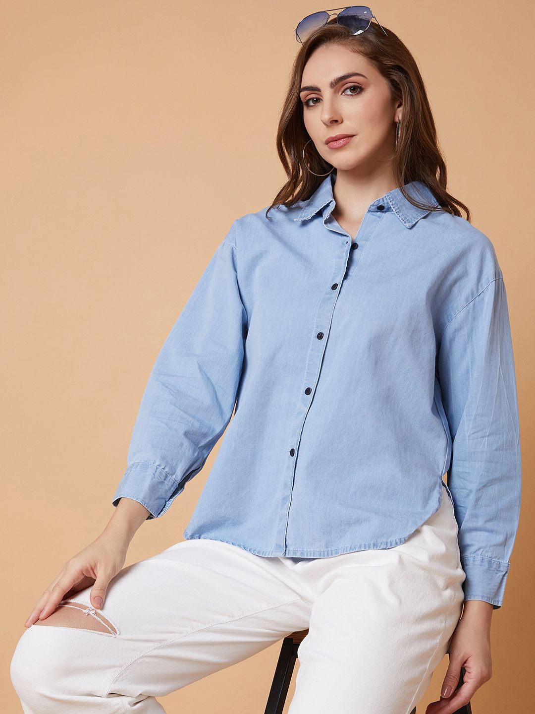 

SHOWOFF Women Standard Slim Fit Opaque Casual Shirt, Blue