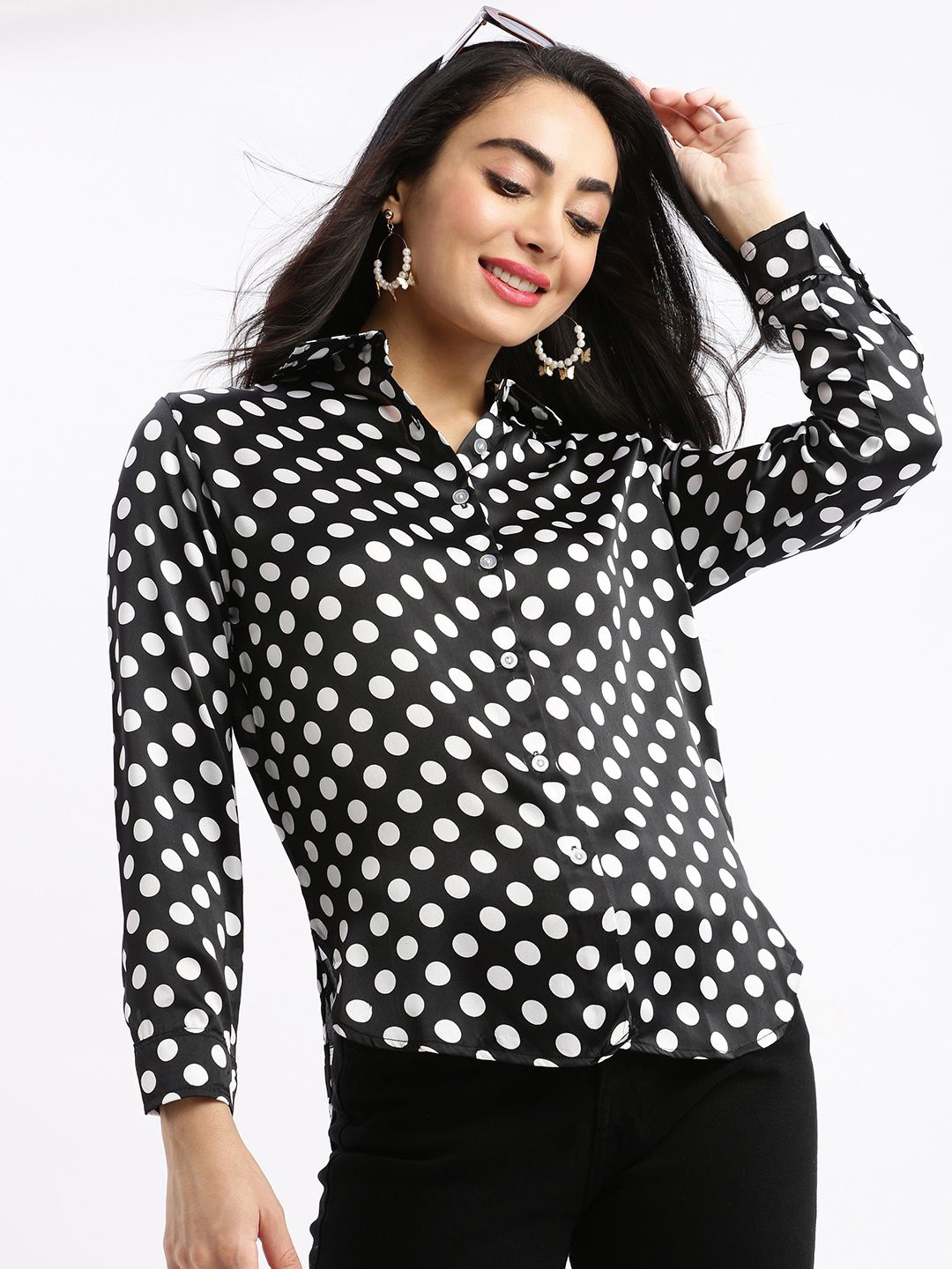 

SHOWOFF Women Standard Slim Fit Polka Dot Opaque Printed Casual Shirt, Black